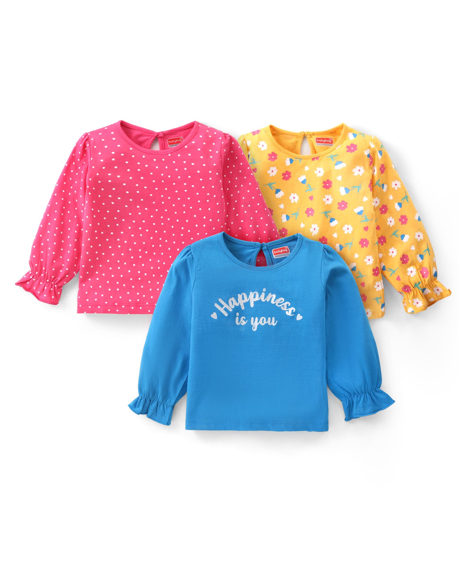 Babyhug Cotton Knit Full Bell Sleeves  Tops with Polka Dots Text & Floral Print Pack of 3 - Pink Blue & Yellow-image-44