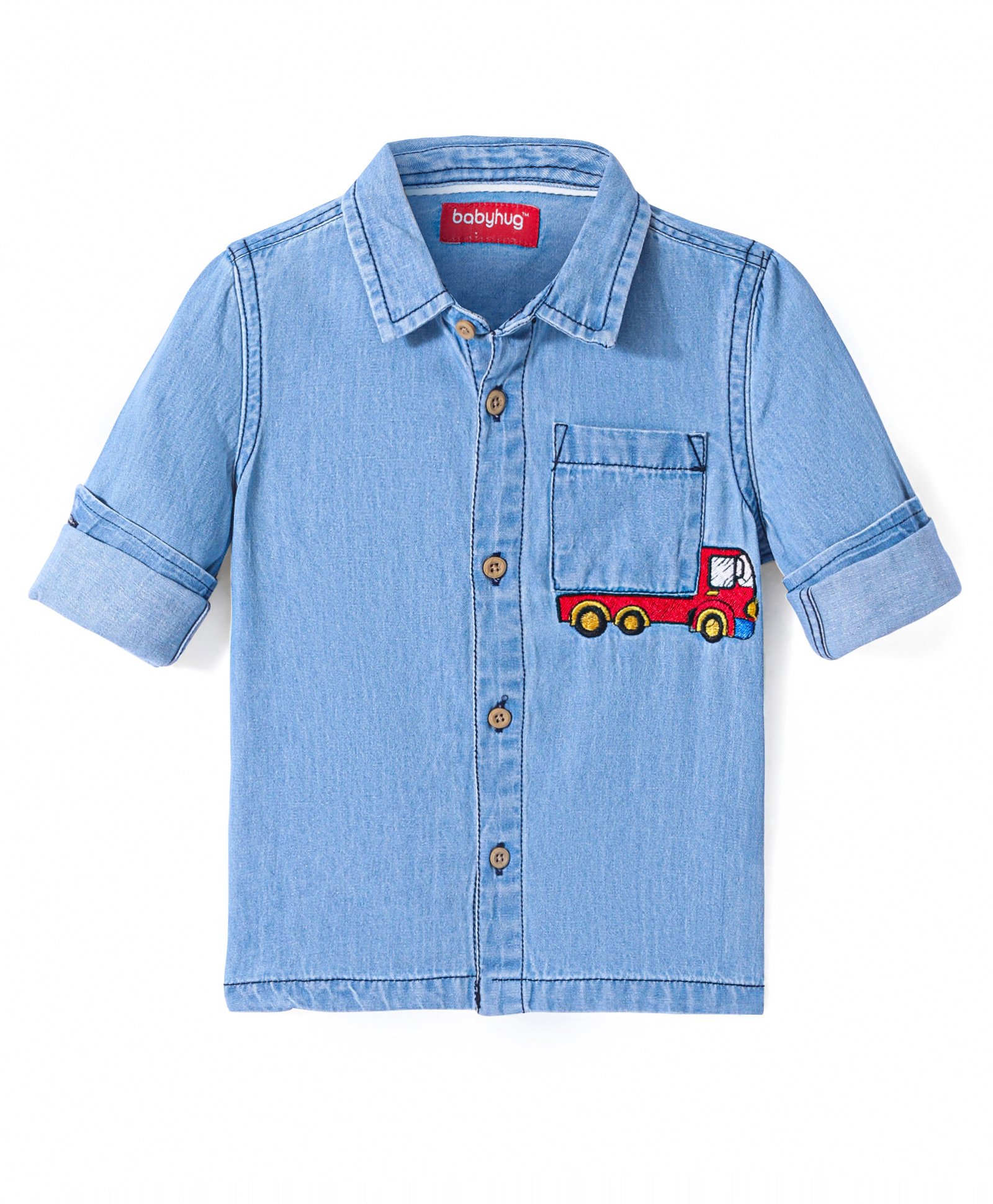 Babyhug Cotton Woven Full Sleeves Denim Shirt with Truck Embroidery - Light Blue-image-44