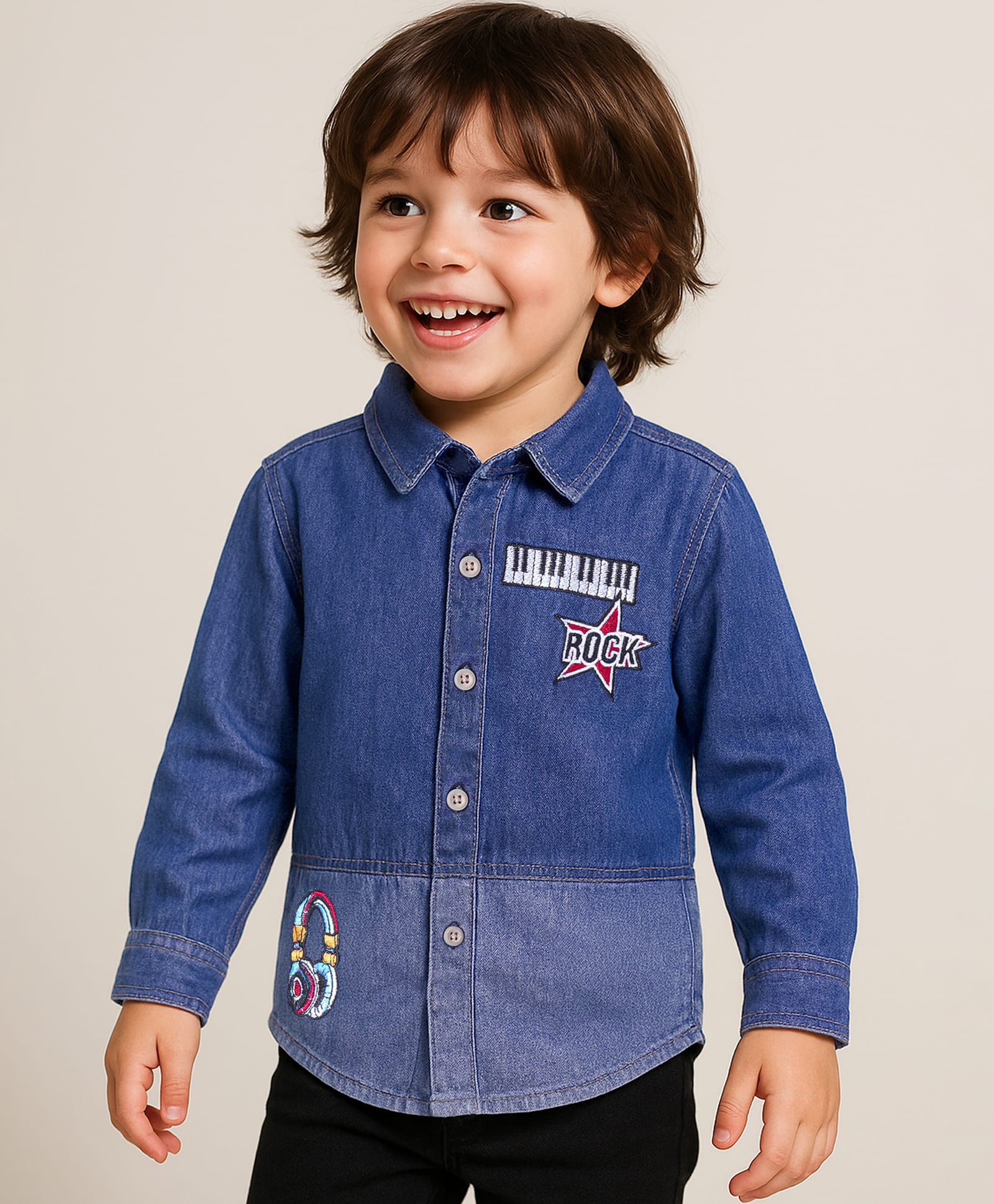 Babyhug Cotton Woven Full Sleeves Regular Collar Washed Denim Shirt with Ear Phone Embroiderey- Blue-picture-23