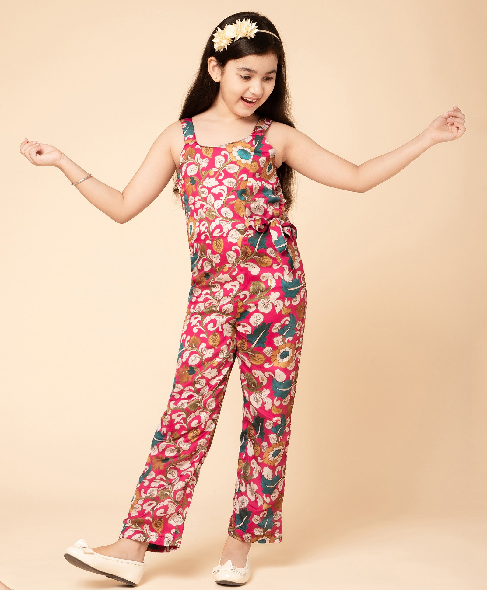 Piccolo Satin Sleeveless Floral Printed Jumpsuit With Waist Tie - Pink-picture-25