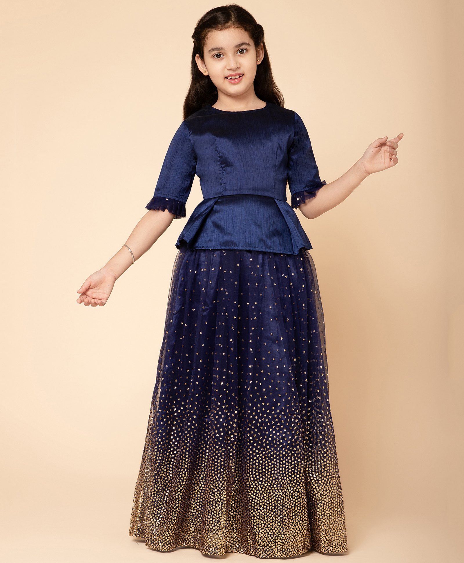 Piccolo Silk Half Sleeves Glitter Lehenga With Blouse - Blue-image-7