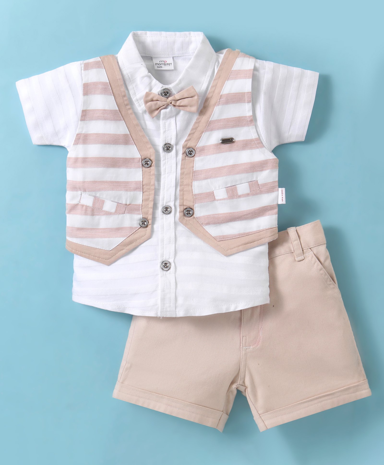 Mom's pet Cotton Half Sleeves Solid Shirt & Shorts With Striped Koti - Brown-picture-15