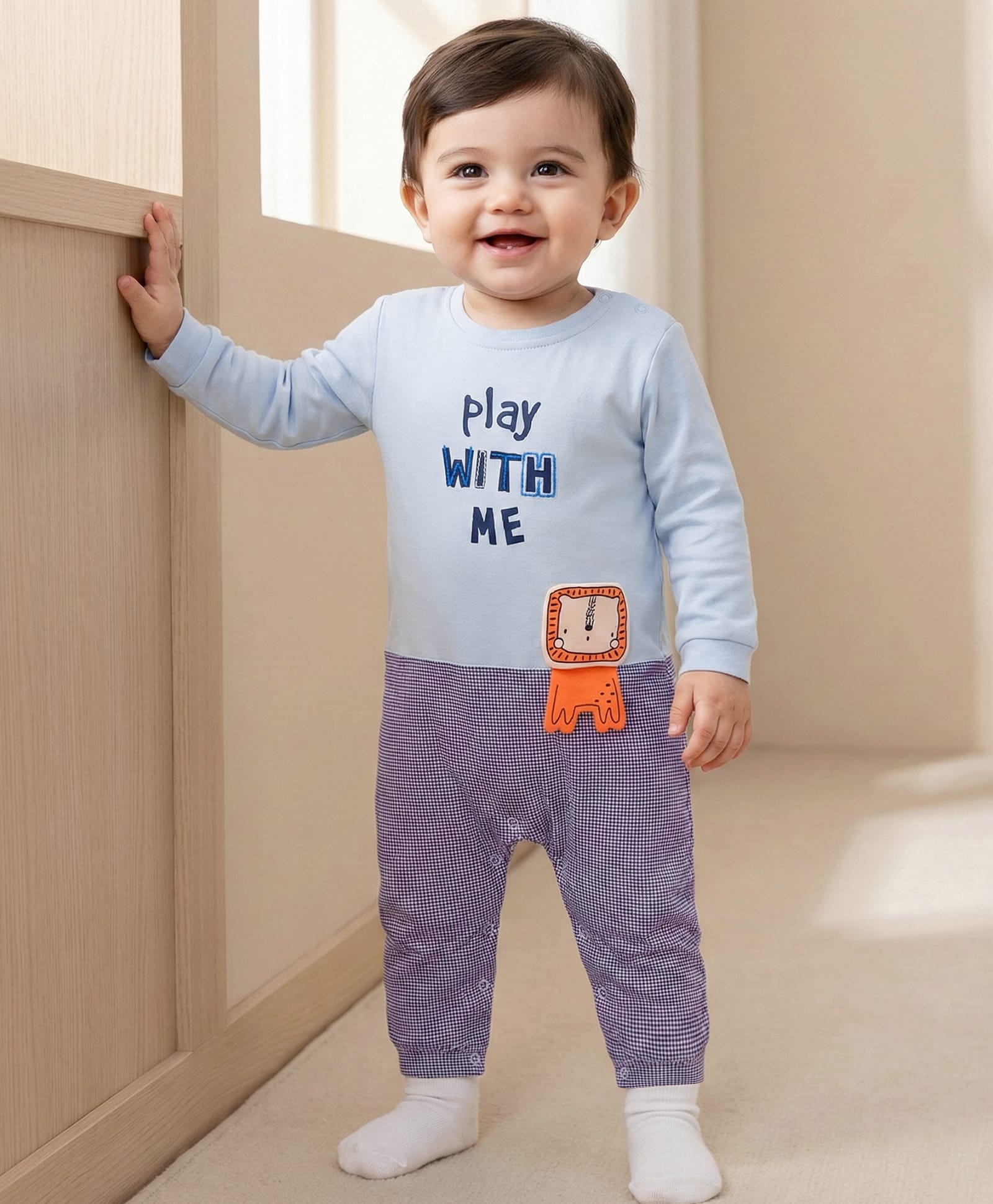Babyoye 100% Cotton Knit Full Sleeves Romper with Puffed Text Print & Lion Applique - Blue-image-16