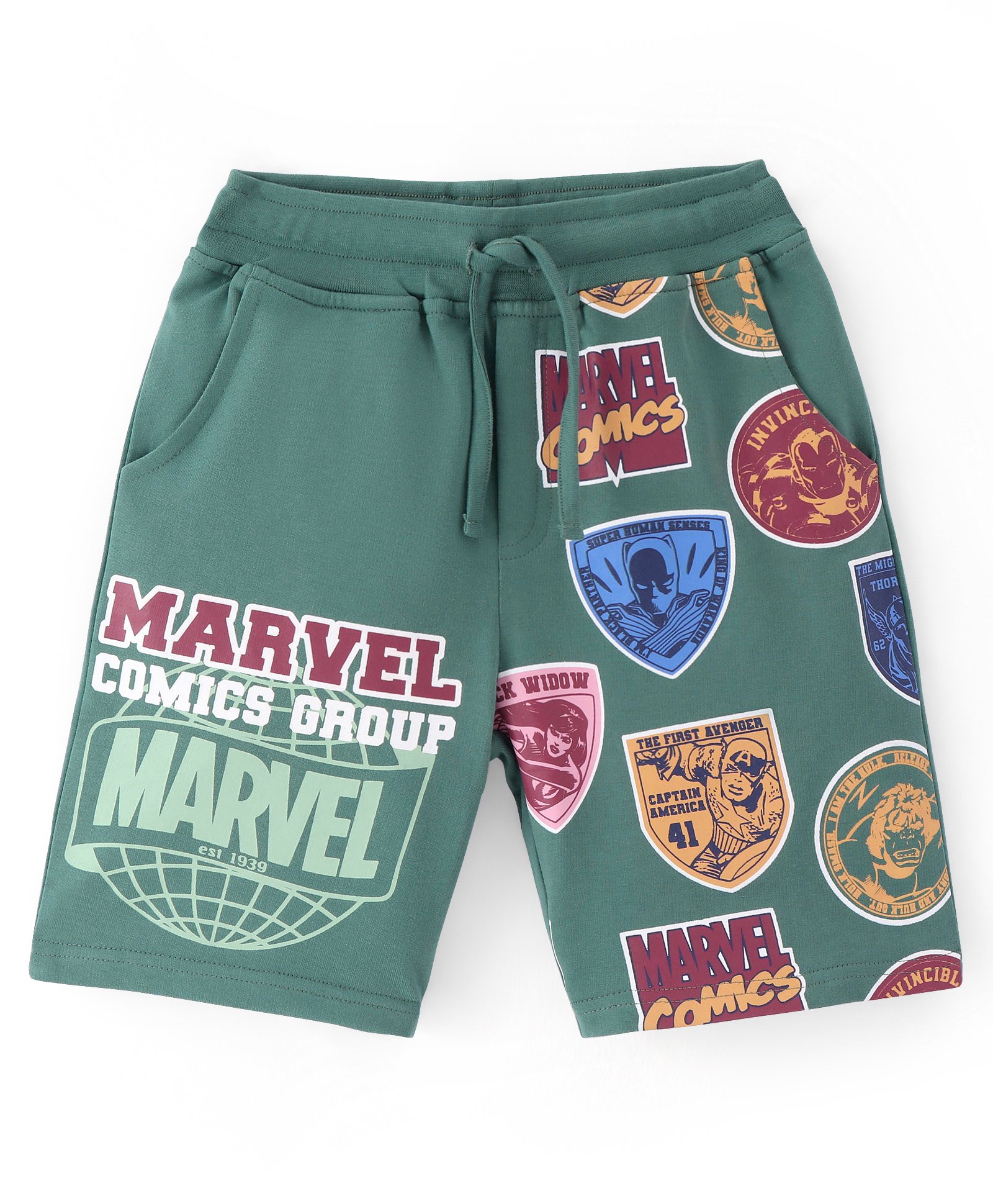 Pine Kids Marvel Cotton Knit Knee Length Shorts with Avengers Graphics - Green-image-34