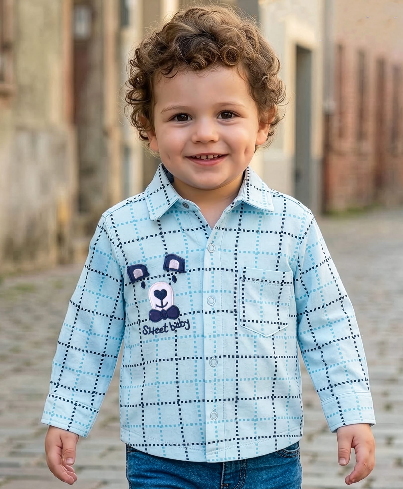 Babyoye100% Cotton Knit Full Sleeves Checks Shirt with Bear Applique - Light Blue-image-34