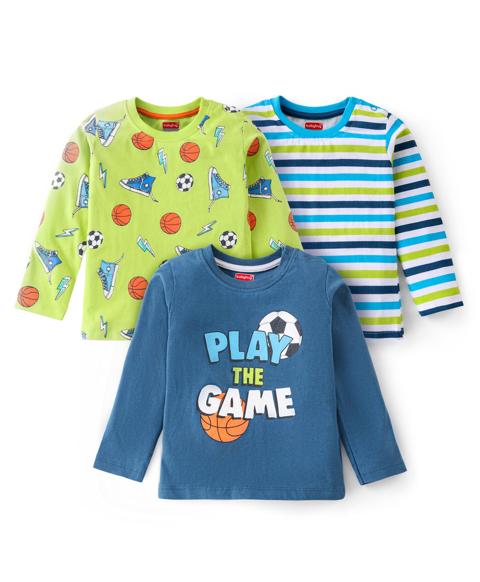 Babyhug 100% Cotton Knit Full Sleeves Striped T-Shirt & Game Theme Print Pack of 3 - Green & Navy-image-13