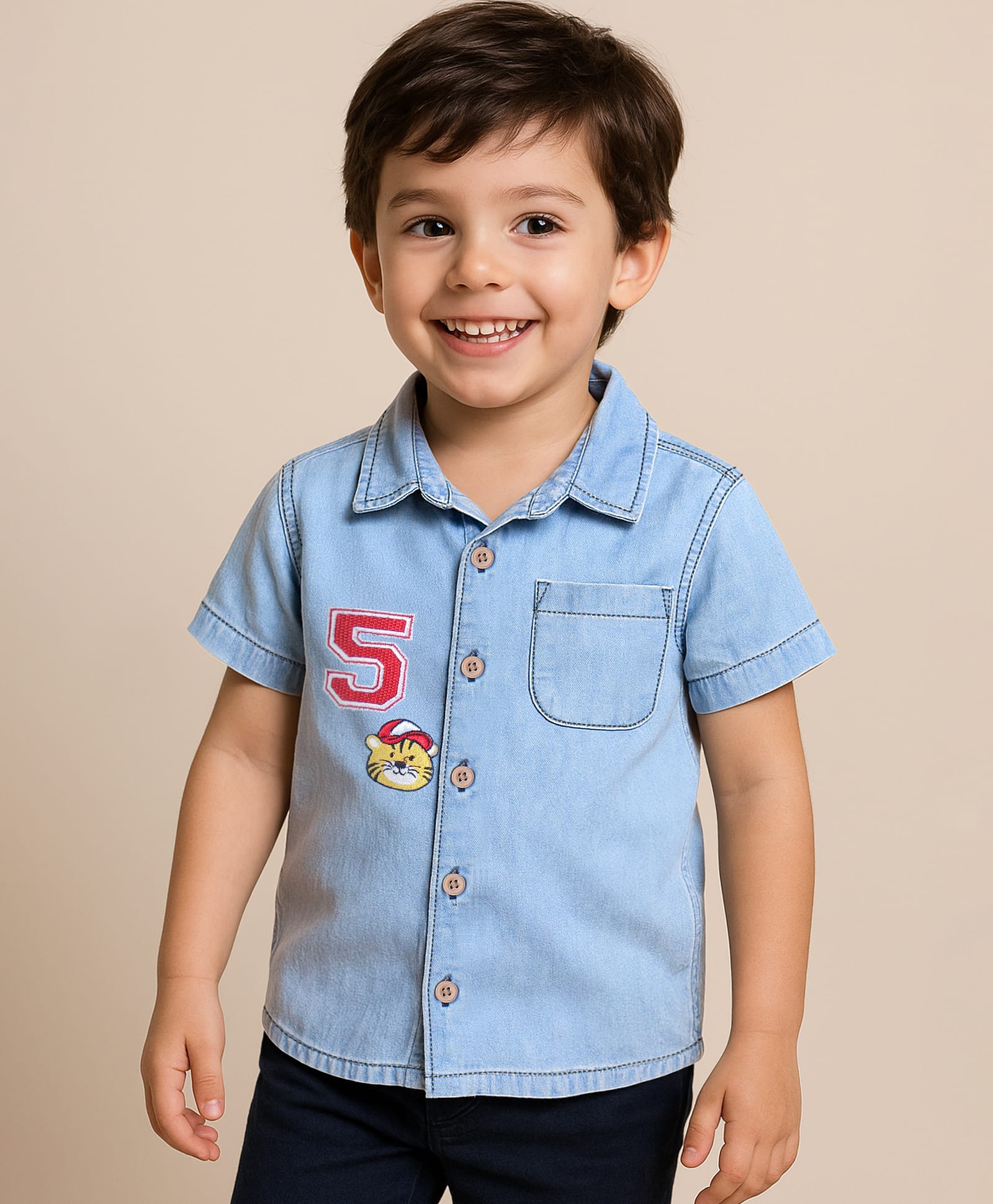 Babyhug Cotton Woven Half Sleeves Washed Denim Shirt With Tiger Embroidery - Light Blue-image-31