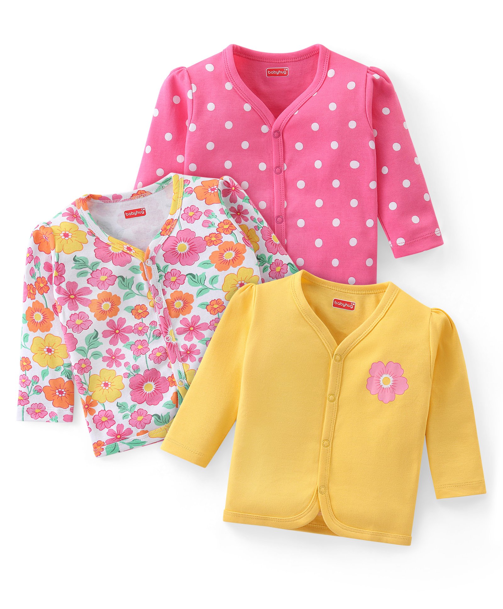Babyhug 100% Cotton Knit Full Sleeves Front Open Floral & Polka Dots Printed Vests Pack Of 3 - Multicolour-image-40
