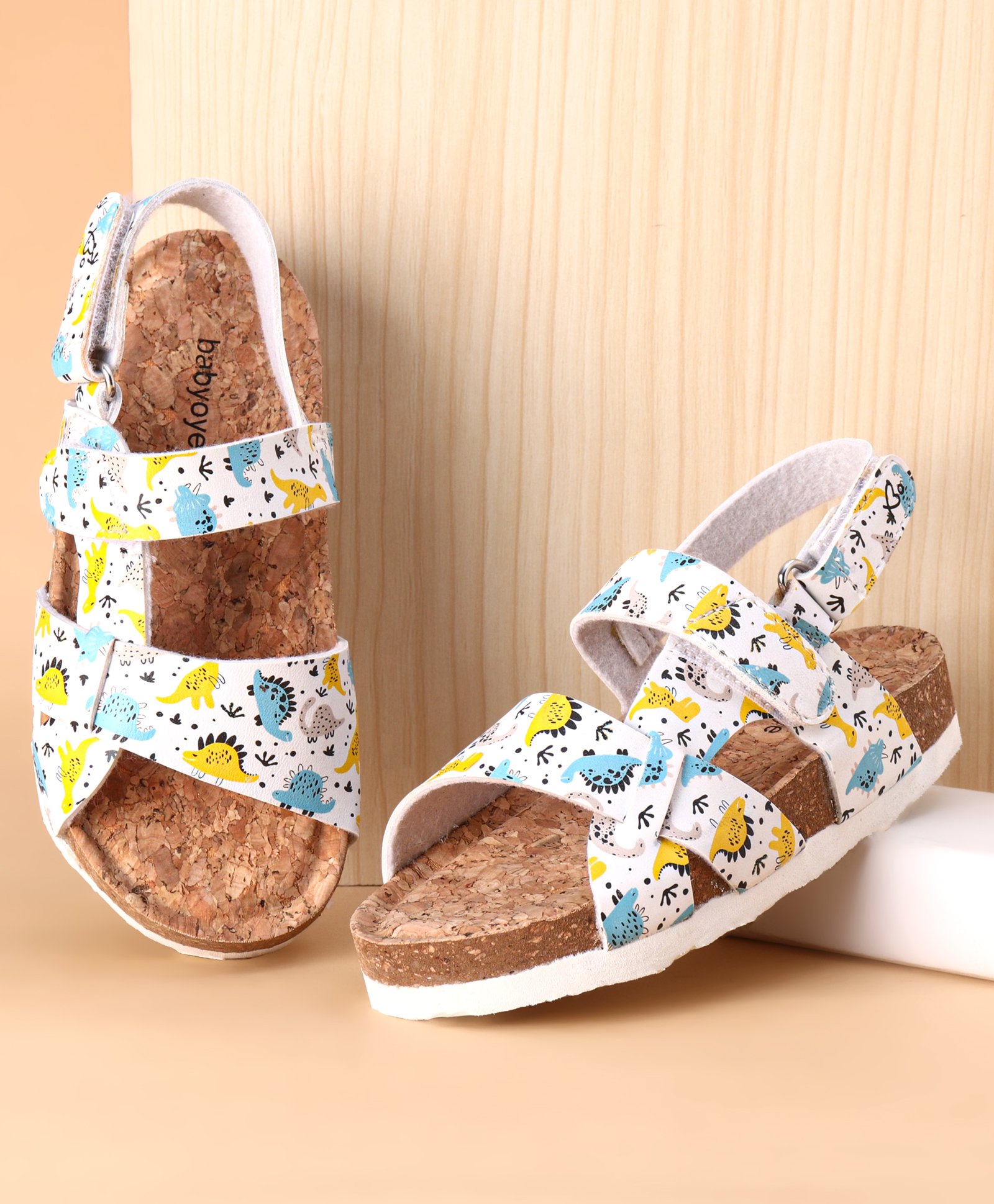 Babyoye Velcro Closure Dino Printed Sandals -White-image-20