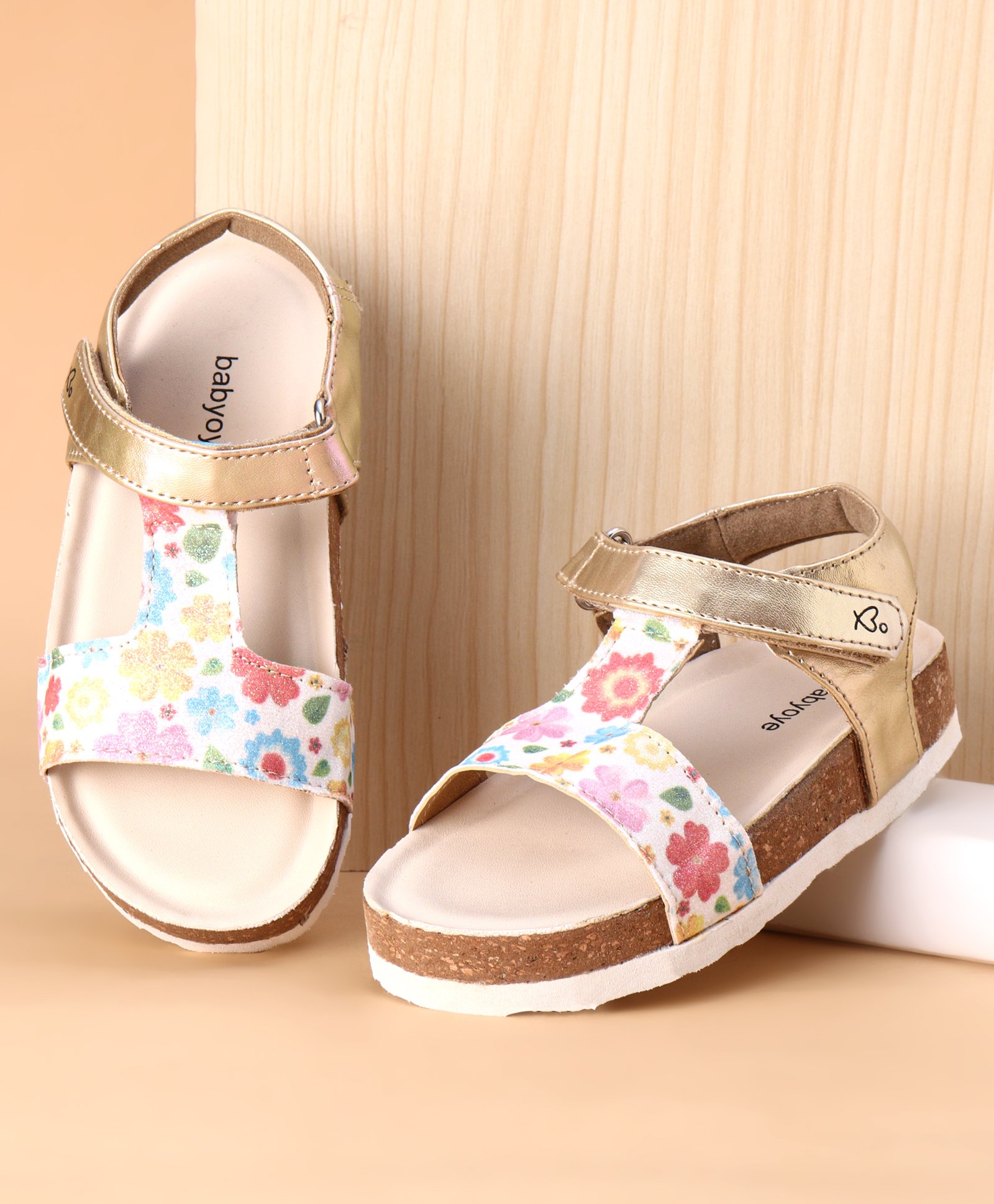 Babyoye Velcro Closure Floral Printed Sandals - Golden & White-image-17