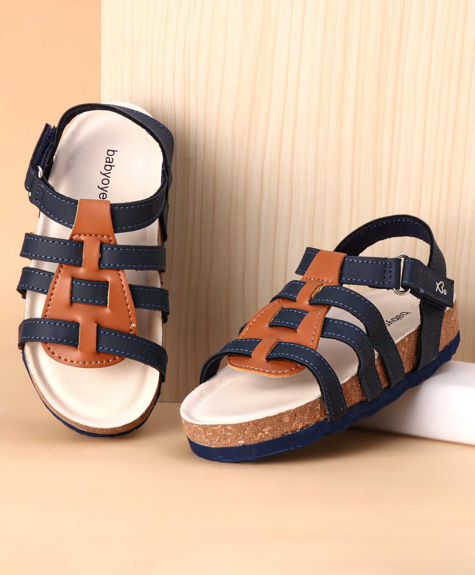 Babyoye Velcro Closure Sandals - Navy & Brown-image-3