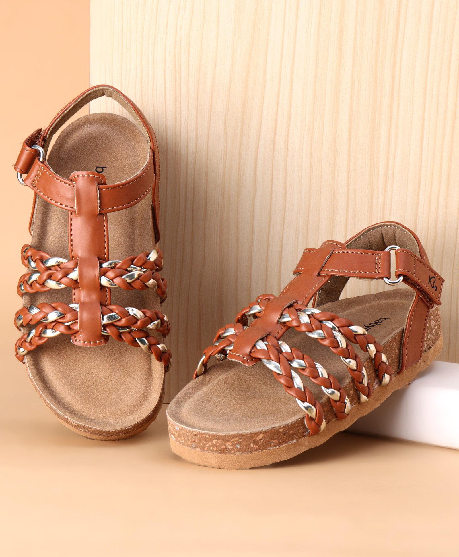 Babyoye Velcro Closure Sandals with Braid design-  Brown-image-14