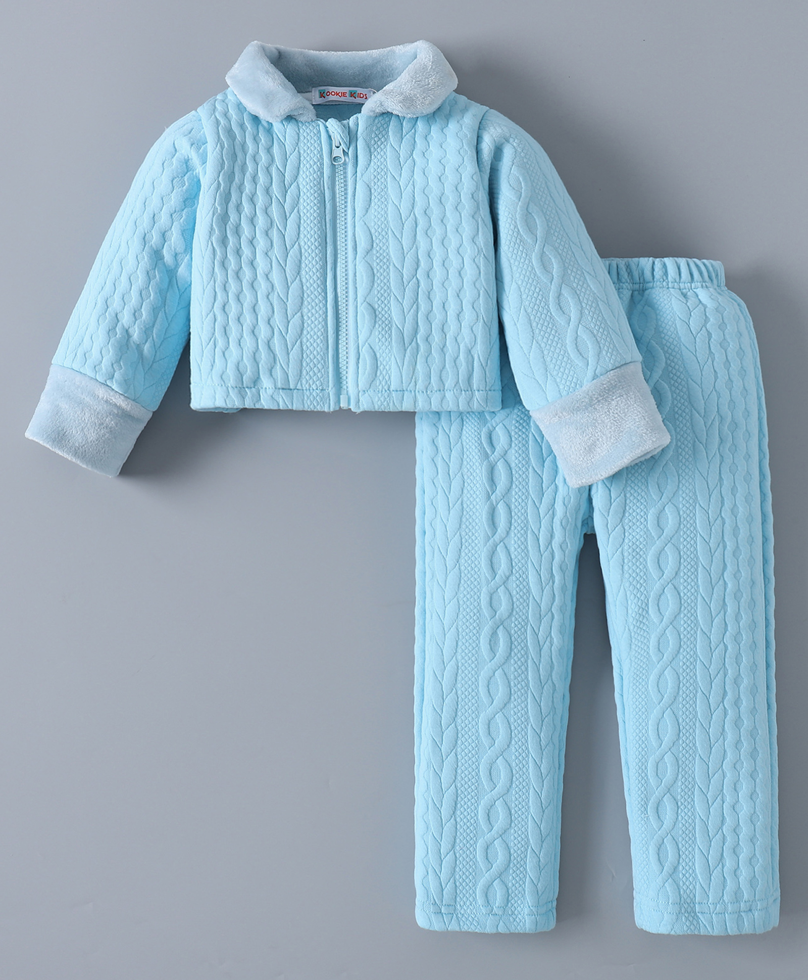 Kookie Kids Full Sleeves Collared Front Zipper Winter Wear Co-Ord Suit With Cable Knit Design - Sky Blue-image-6