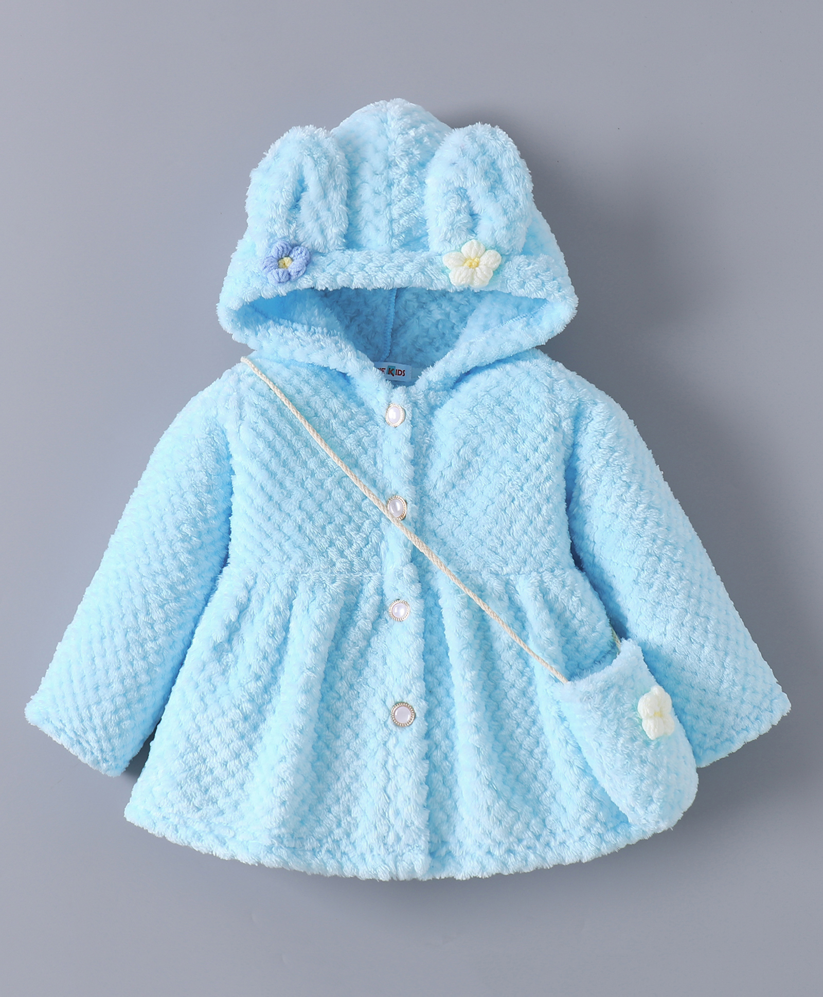 Kookie Kids Full Sleeves Front Open Hooded Fur Jacket With Floral Applique & Side Purse - Sky Blue-image-43