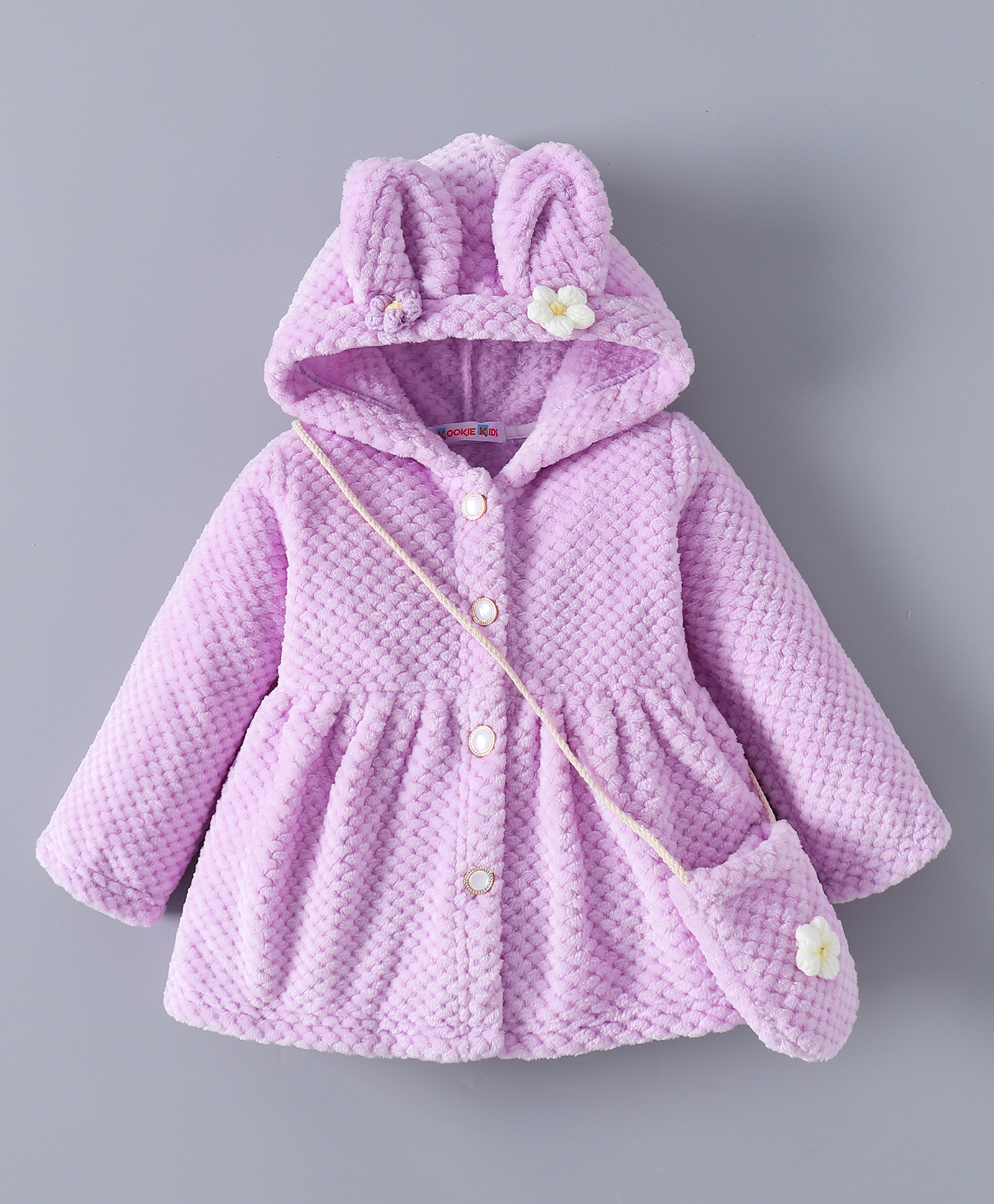 Kookie Kids Full Sleeves Front Open Hooded Fur Jacket With Floral Applique & Side Purse - Lavender-image-27