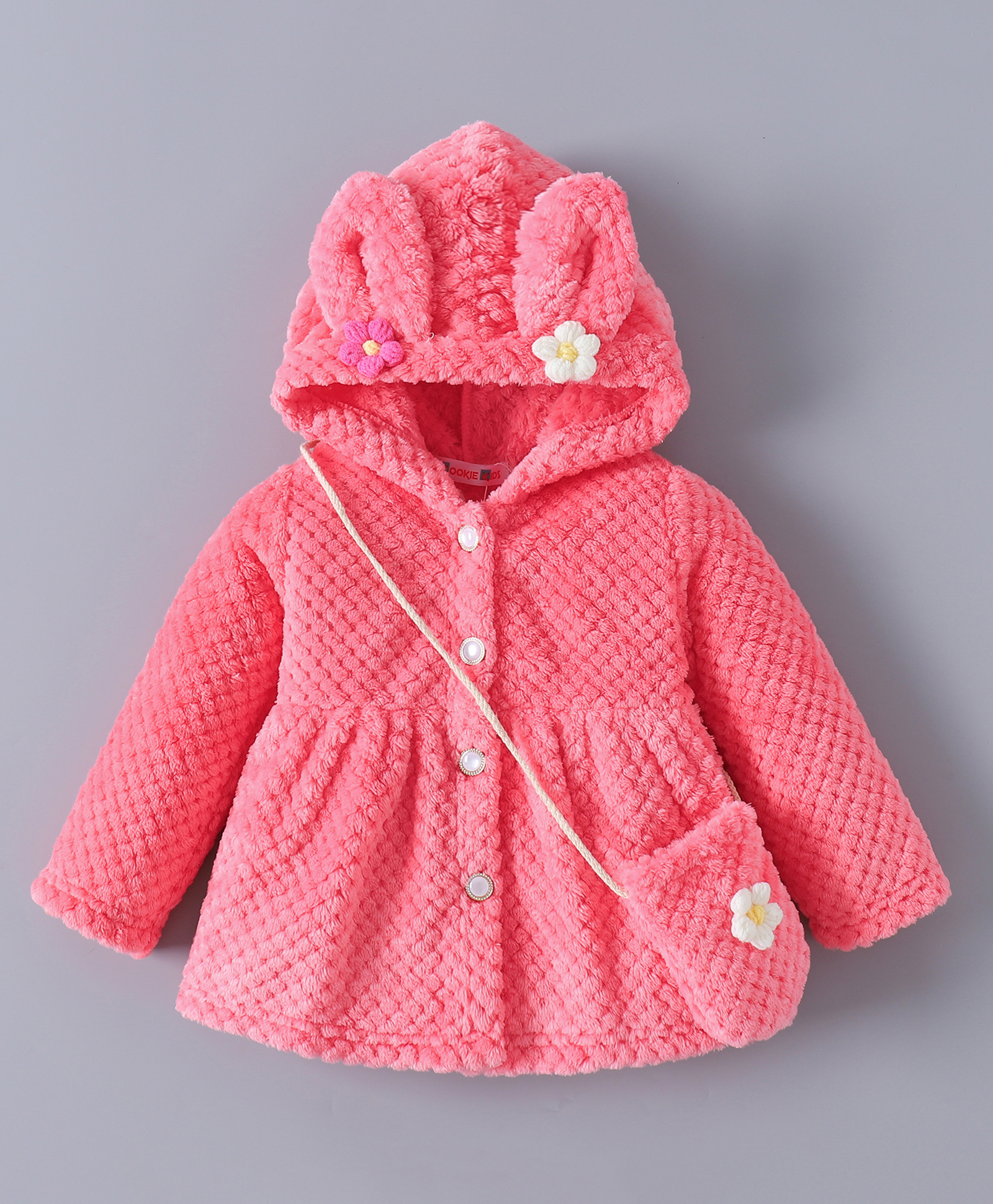 Kookie Kids Full Sleeves Front Open Hooded Fur Jacket With Floral Applique & Side Purse - Hot Pink-image-10