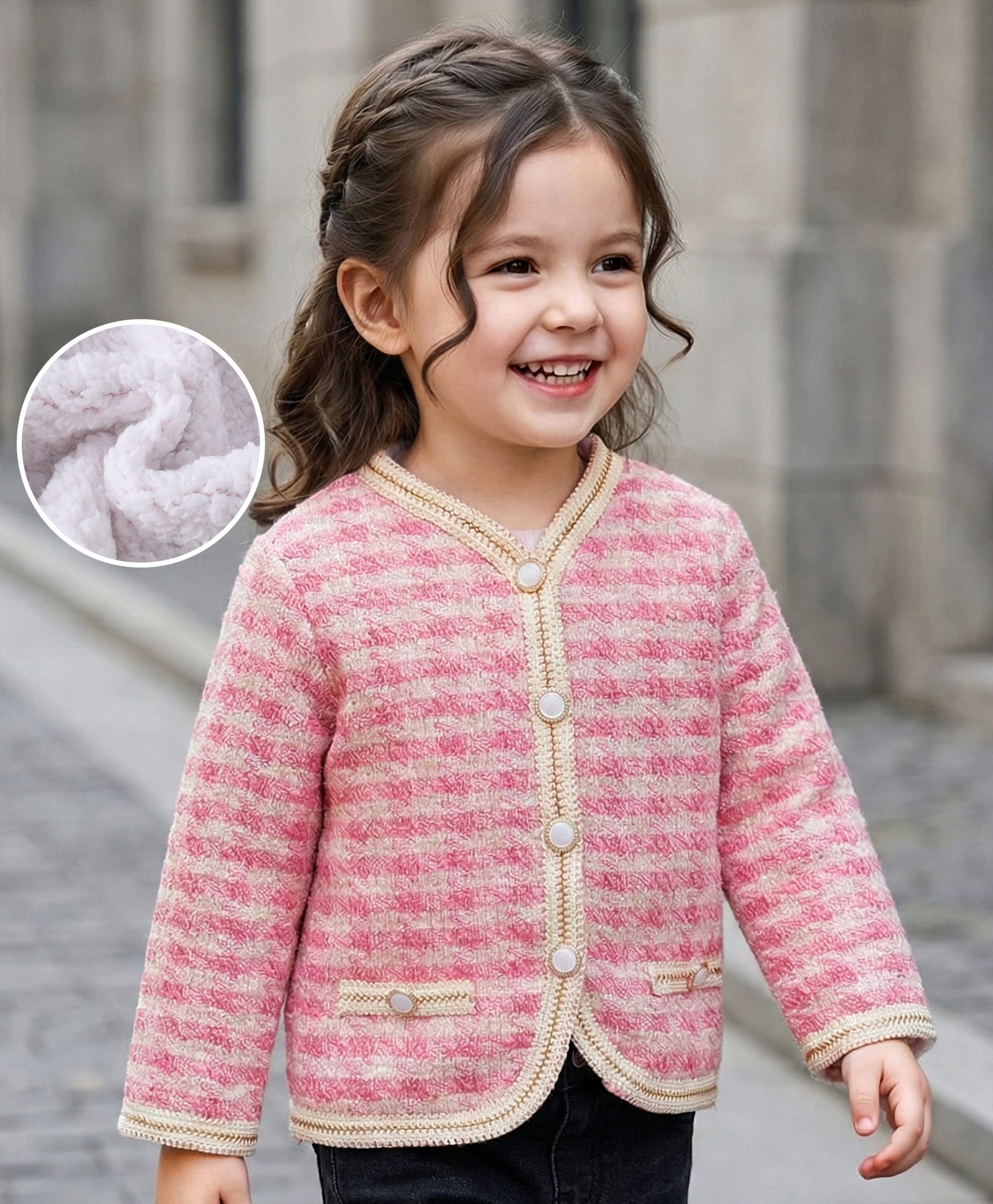 Kookie Kids Full Sleeves Front Open Jacket with Checks Detailing - Pink-picture-27