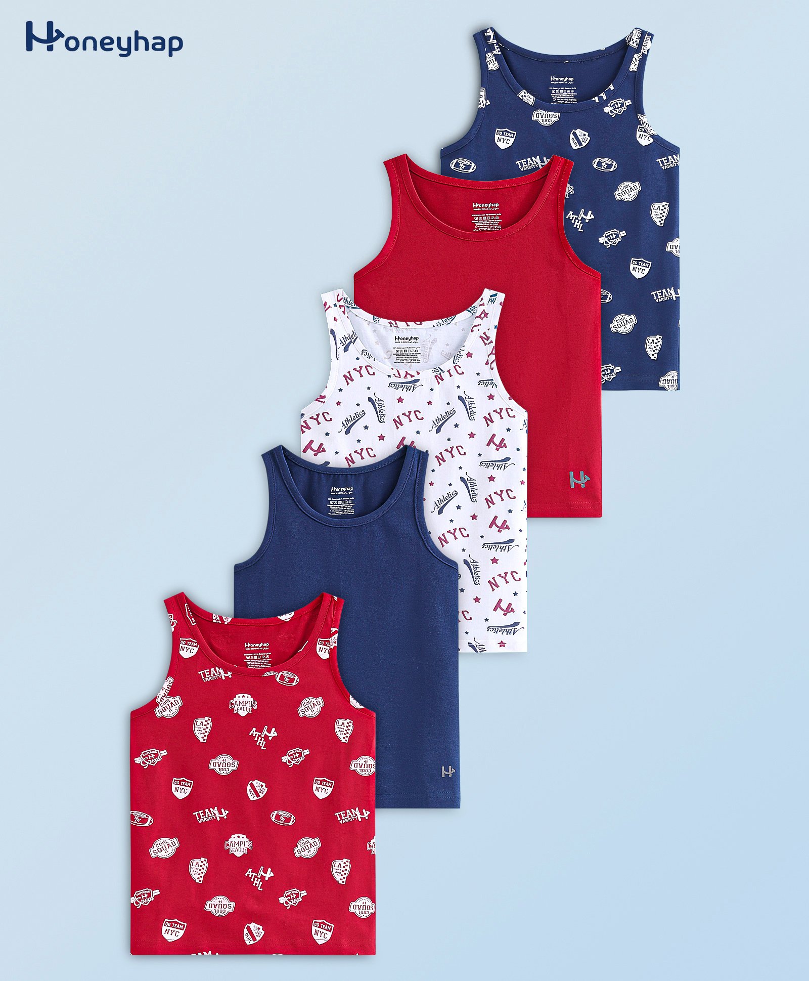 Honeyhap Premium  Cotton Elastane Bio Finish Single Jersey Sleeveless Vests with Text Print Pack of 5 - Blue Red & White-image-47