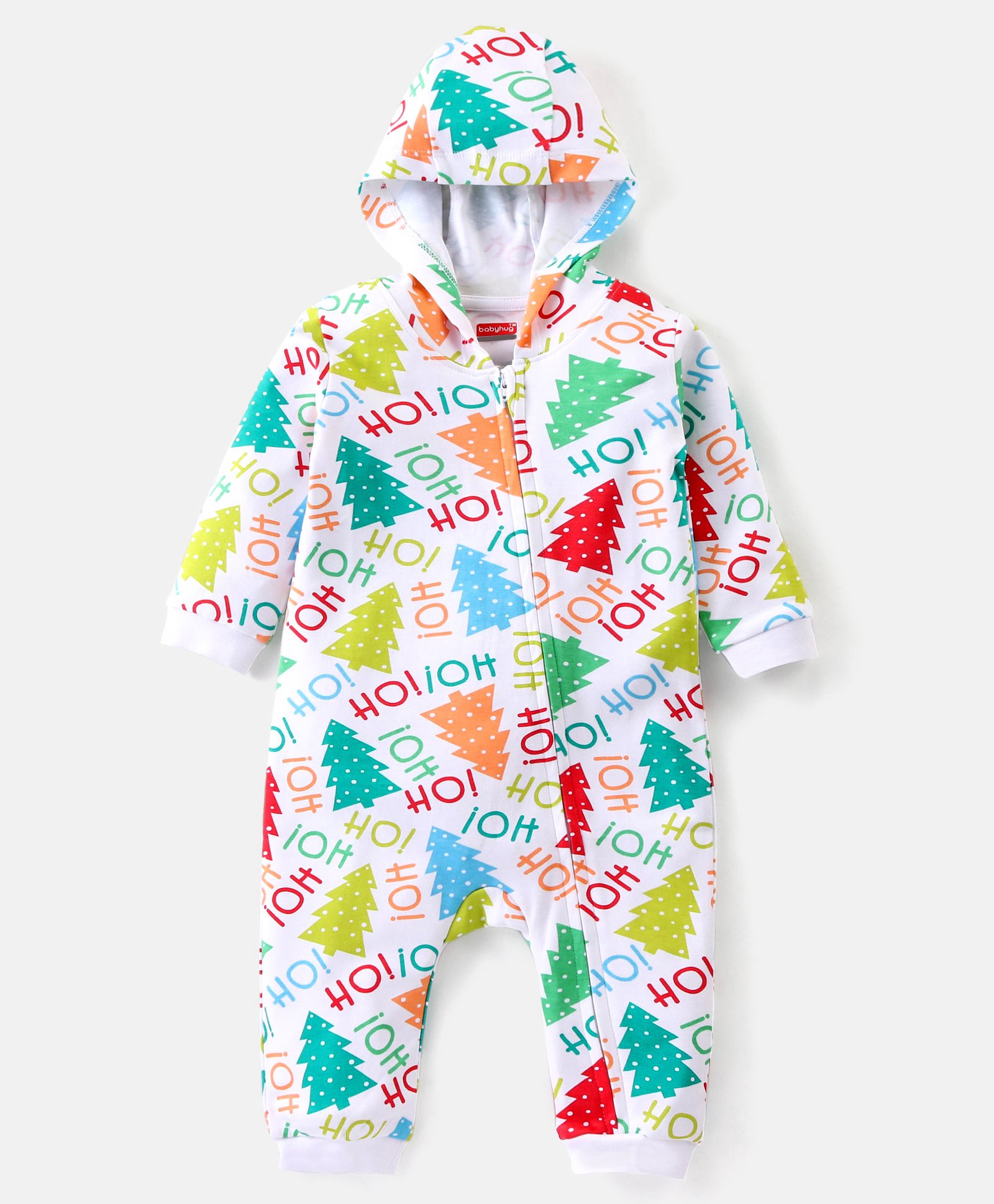Babyhug 100% Cotton Knit Full Sleeves Hooded Romper with Christmas Tree & Text Print - Multicolour-image-45