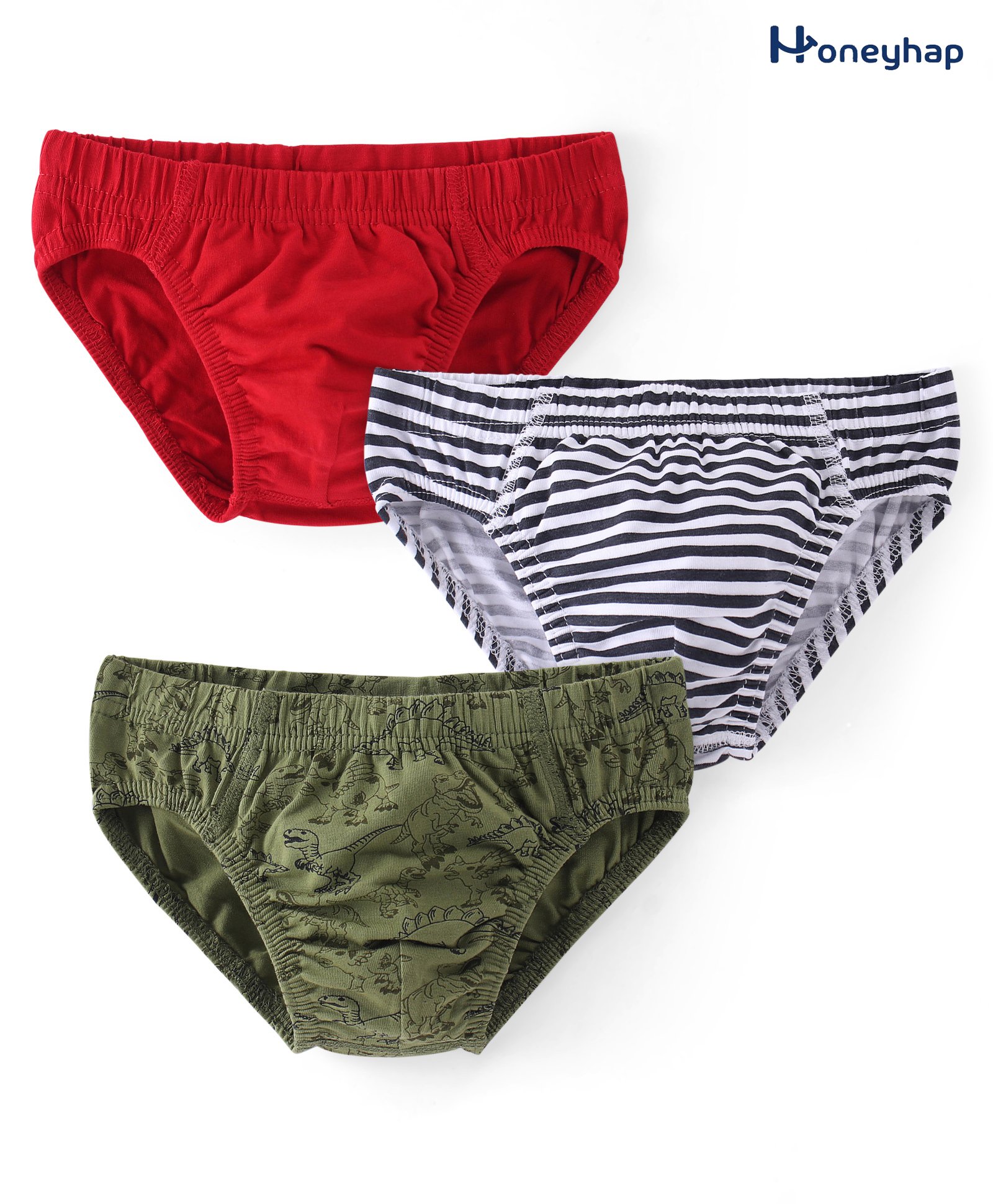 Honeyhap Premium Cotton Elastane Solid & Striped Briefs with Bio Finish Pack of 3 - Olive White & Red-image-29