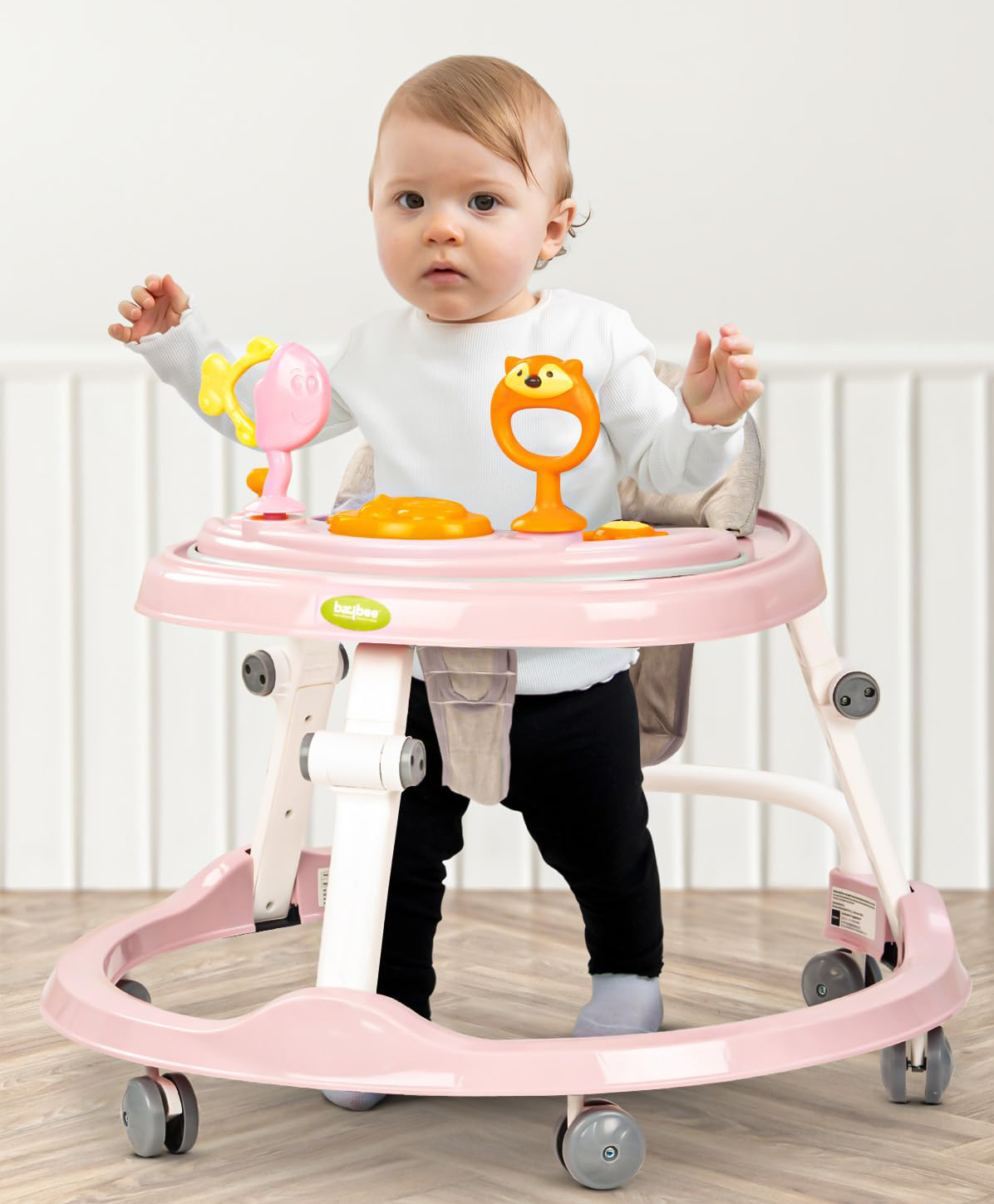Baybee Elzo Baby Walker for Kids, Foldable Round Kids Walker with 2 Height & 4 Seat Adjustable | Activity Walker for Baby with Musical Toy Bar & Light (Pink)-image-21