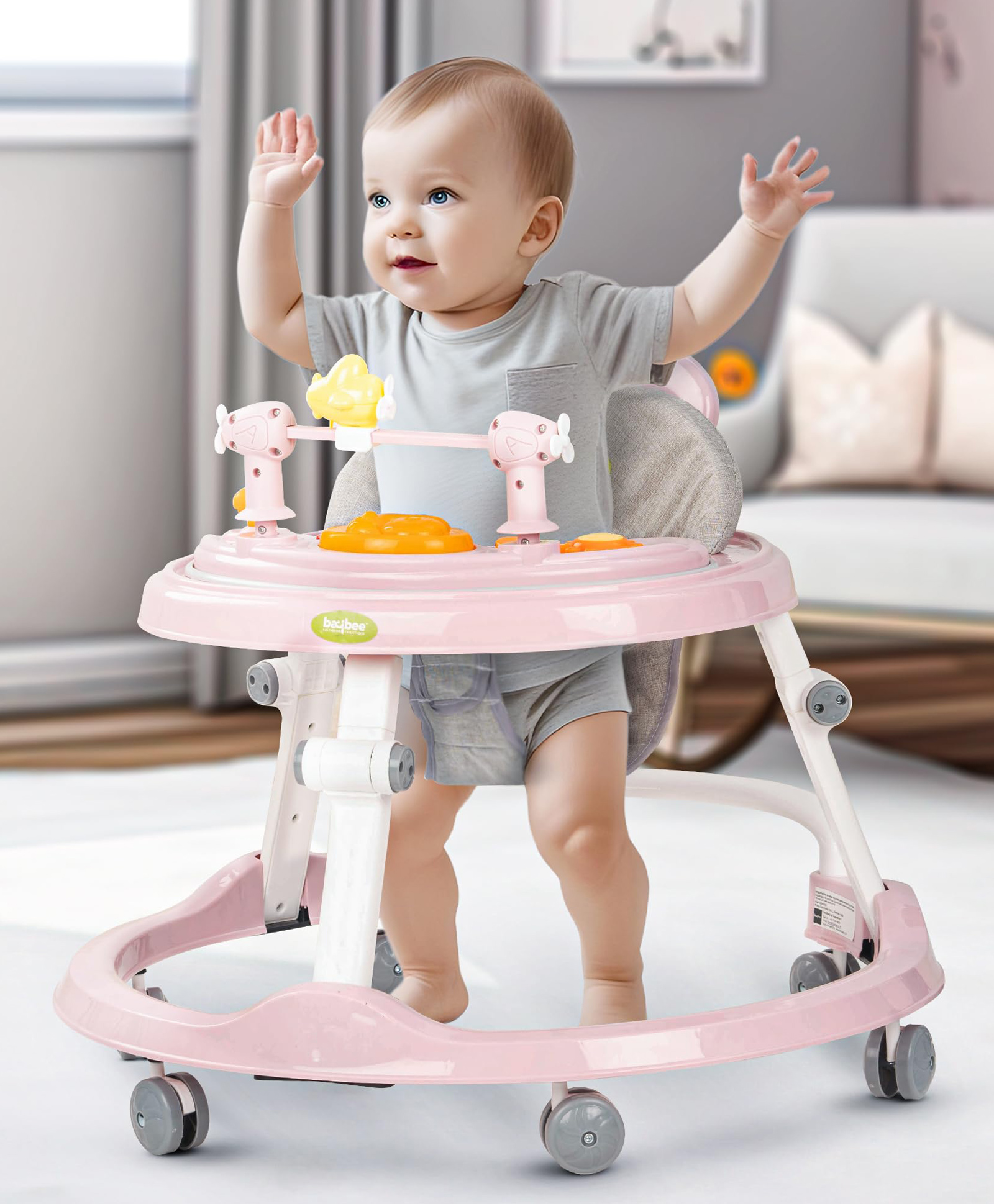 Baybee Windy 2 IN 1 Baby Walker for Kids, Foldable Round Kids Walker with 2 Height & 4 Seat Adjustable | Activity Walker for Baby with Musical Toy Bar & Light (Pink)-image-23