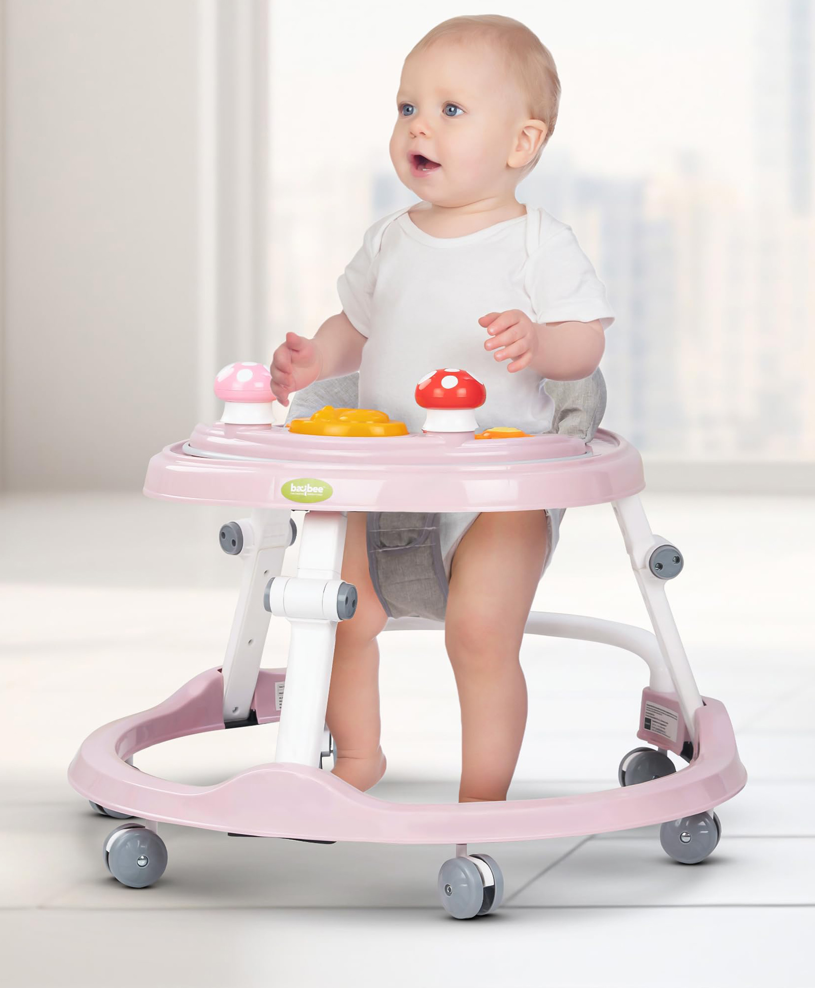 Baybee Shrumo Baby Walker for Kids, Foldable Round Kids Walker with 2 Height & 4 Seat Adjustable | Activity Walker for Baby with Musical Toy Bar & Light (Pink)-picture-38