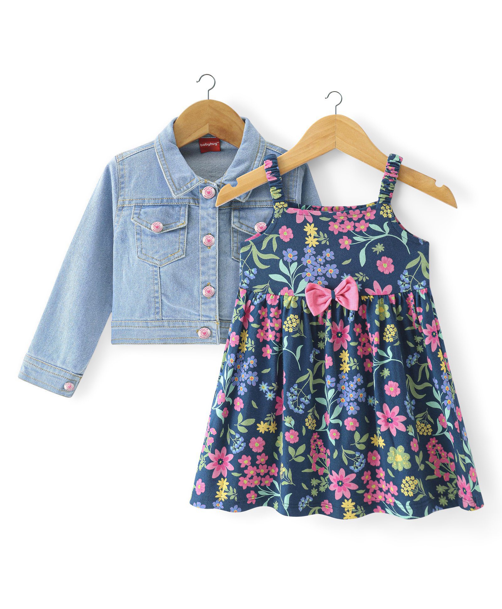 Babyhug Cotton Knit Sleeveless Frock with Denim Jacket Floral Print & Bow Applique - Multicolor-image-31