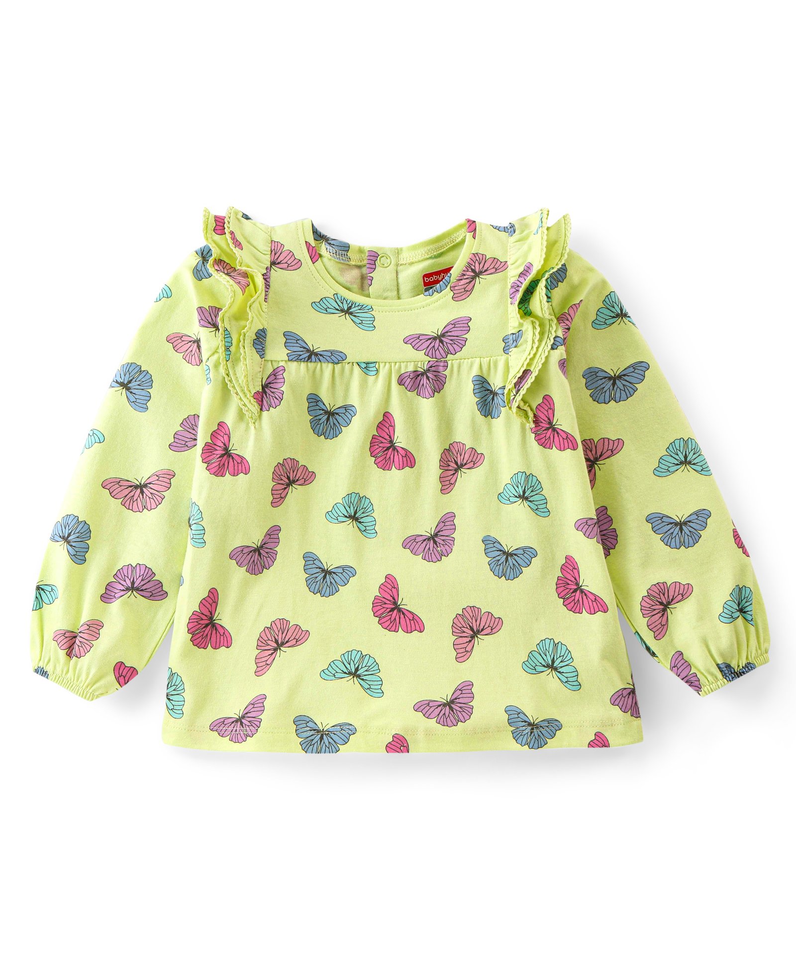 Babyhug Cotton Knit Full Peasant Sleeves Top with Butterfly Print & Frill Detailing -  Green-image-3