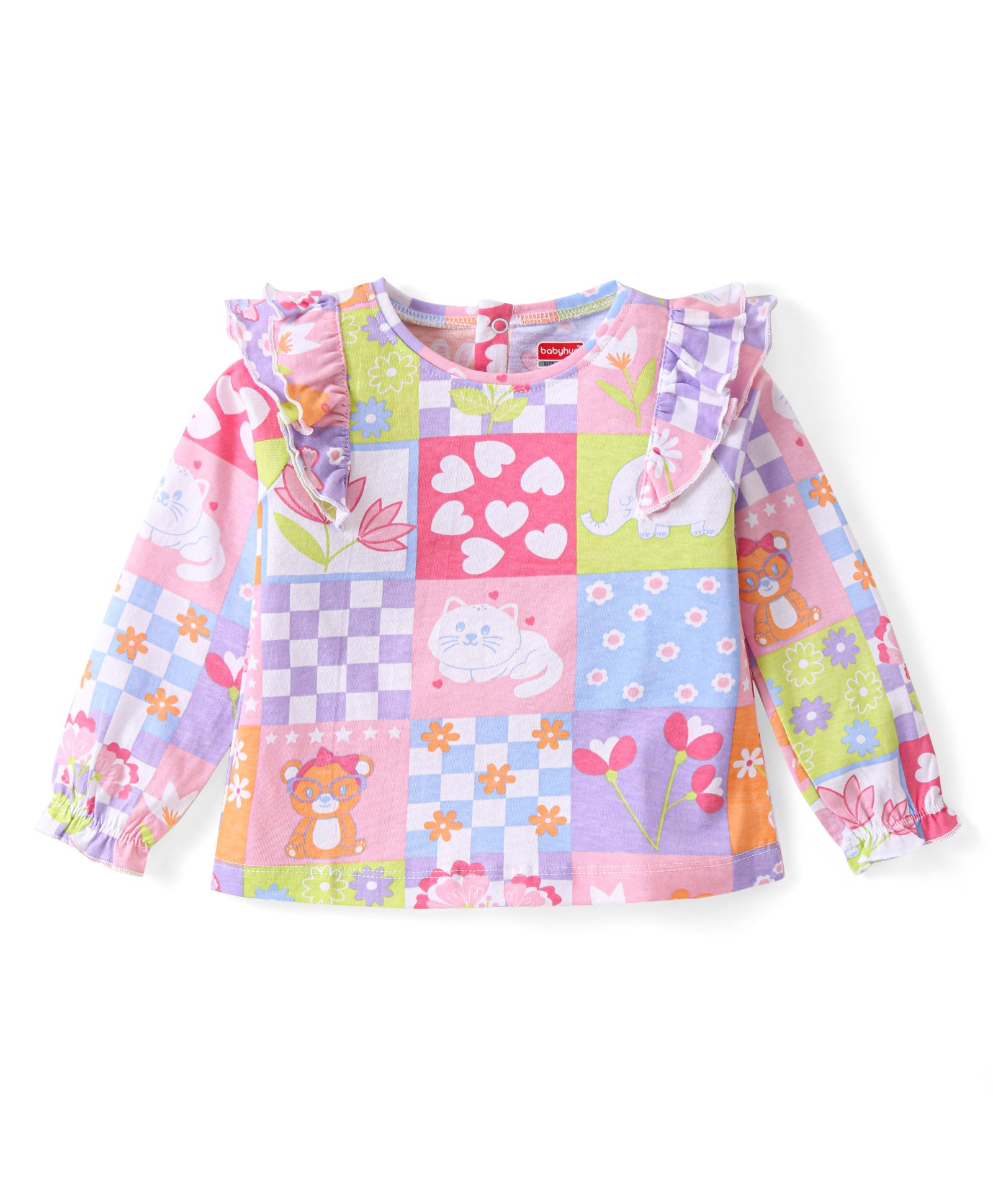 Babyhug Cotton Knit Full Sleeves Top With Floral Print & Frill Detailing  - Multicolor-picture-34