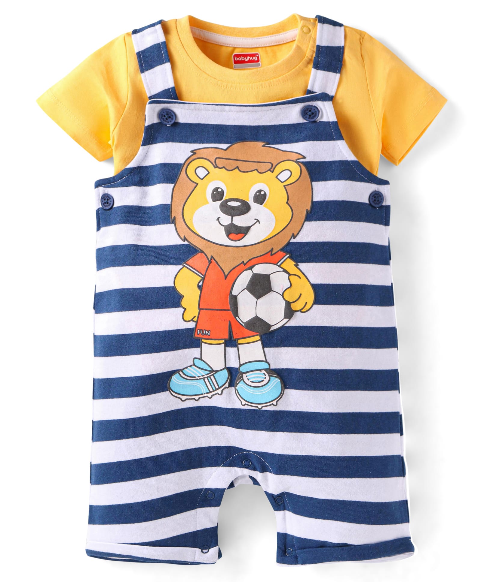 Babyhug Single Jersey Knit Half SleevesLion Printed T-Shirt & Striped Dungaree Style Romper Set - Navy Blue & Orange-picture-26