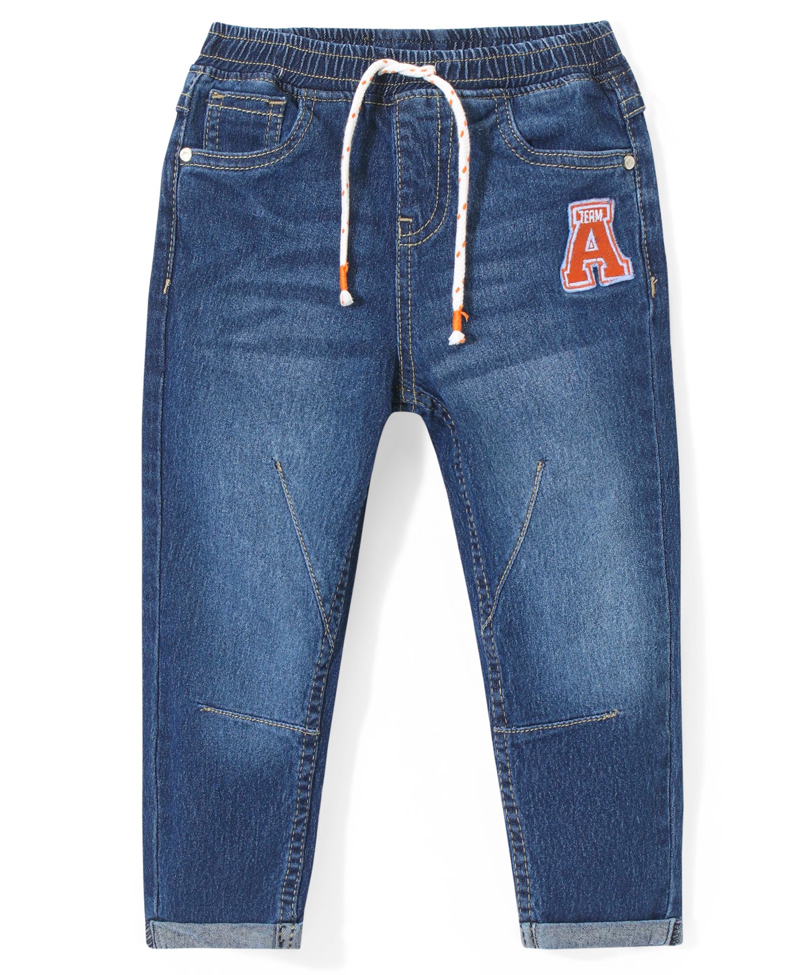 Babyhug Cotton Full Length Stretchable Denim Washed Jeans with Patch Work Detailing - Blue-image-44