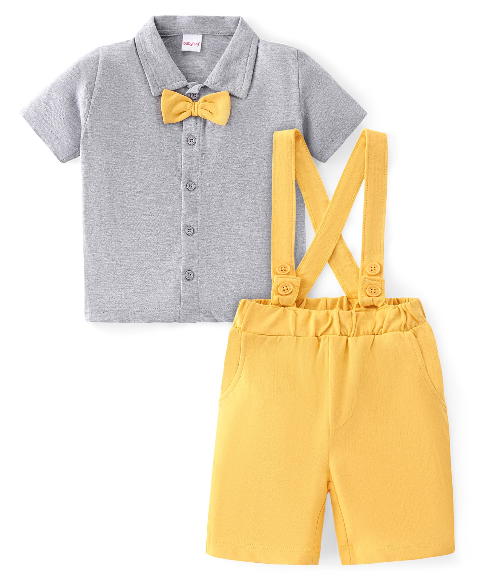 Babyhug Cotton Knit Half Sleeves Solid Shirt & Shorts Set With Attached Bow & Suspender - Grey & Yellow-image-24
