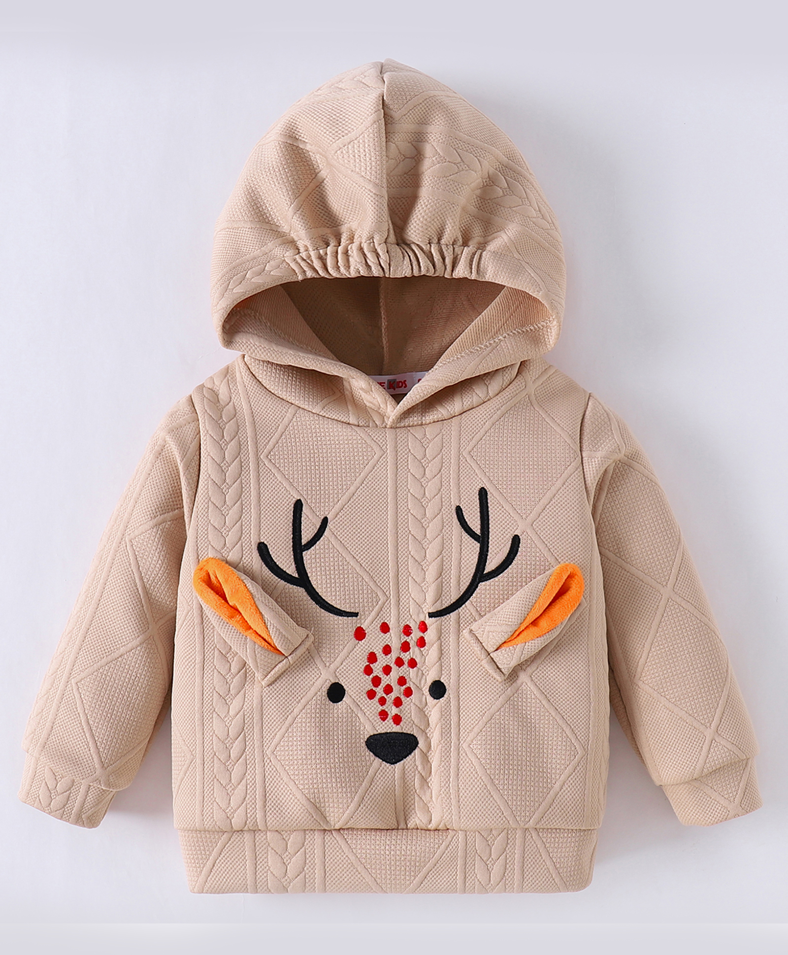 Kookie Kids Full Sleeves Hooded Sweatshirt With Reindeer Applique & Cable Knit Design - Tan-picture-10