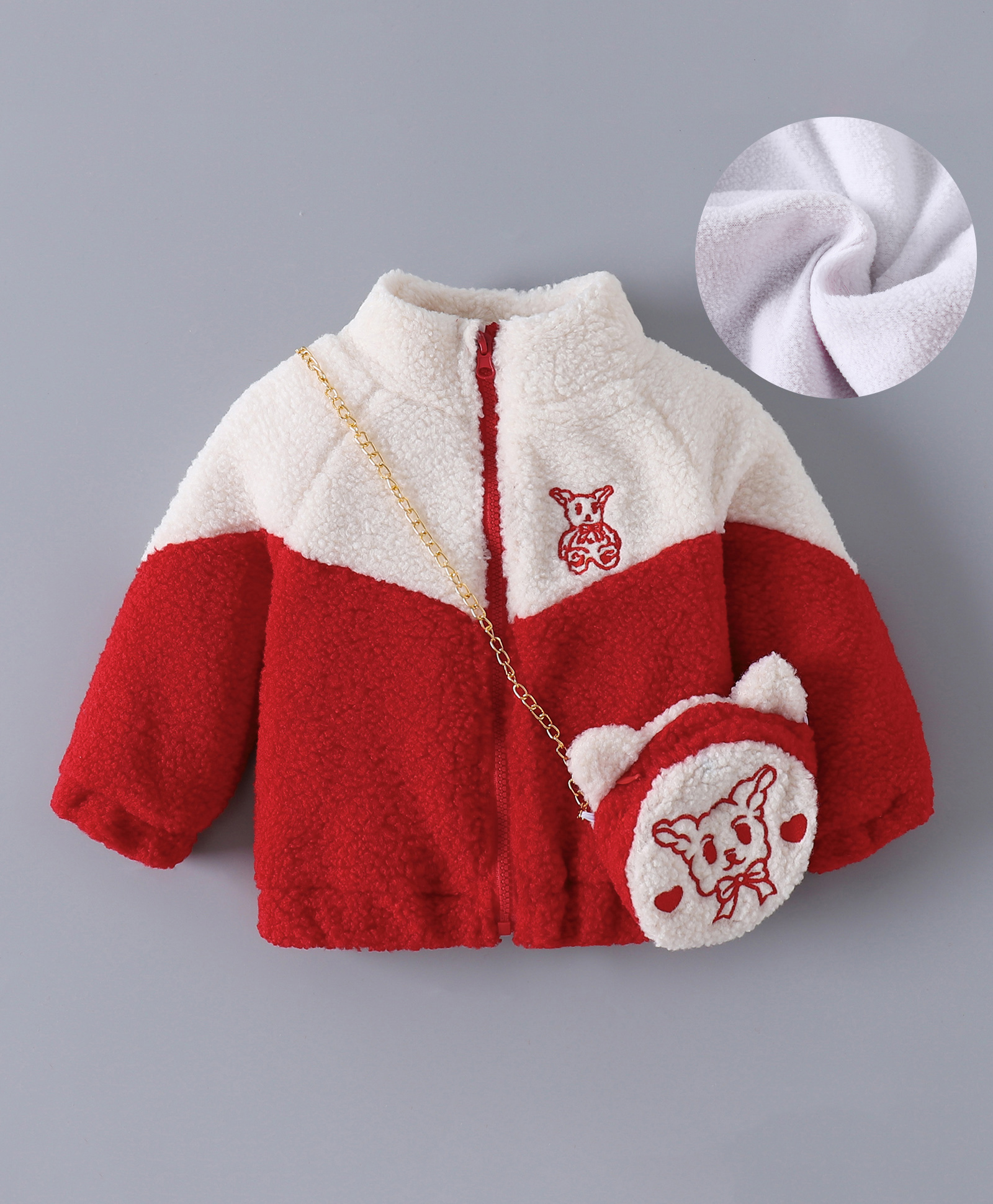 Kookie Kids Full Sleeves Front High Neck Fur Jacket With Side Purse - Red-image-14