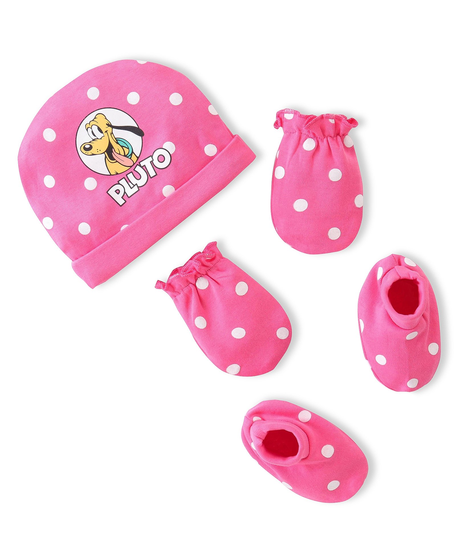 Babyhug Disney Cotton Knit Cap Mittens & Booties Set with Pluto Graphic - Dark Pink-image-25
