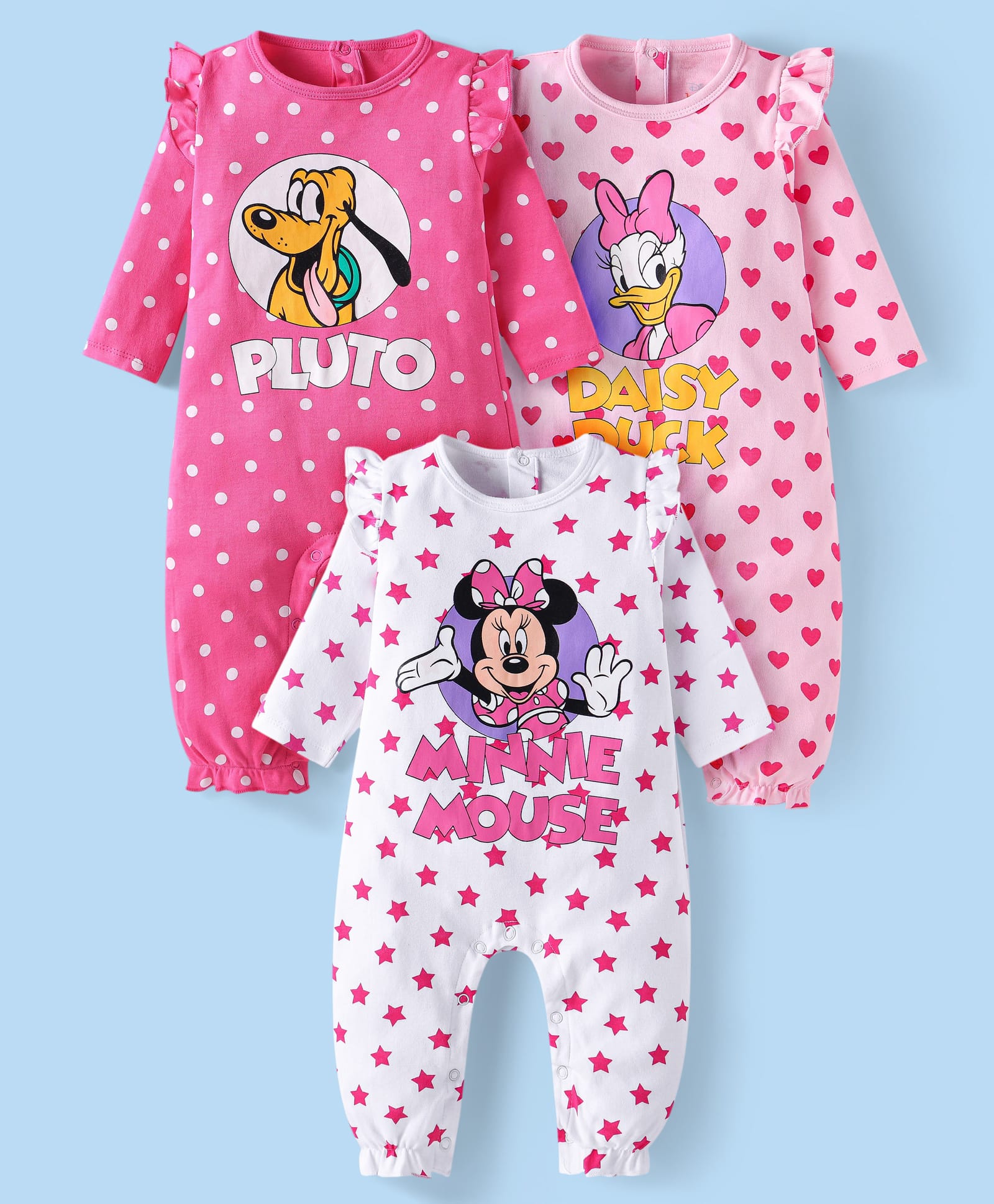 Babyhug Disney Interlock Knit Full Sleeves Polka Dots & Minnie Mouse & Friends Printed Romper with Frill Detailing Pack of 3 - Pink & White-image-39