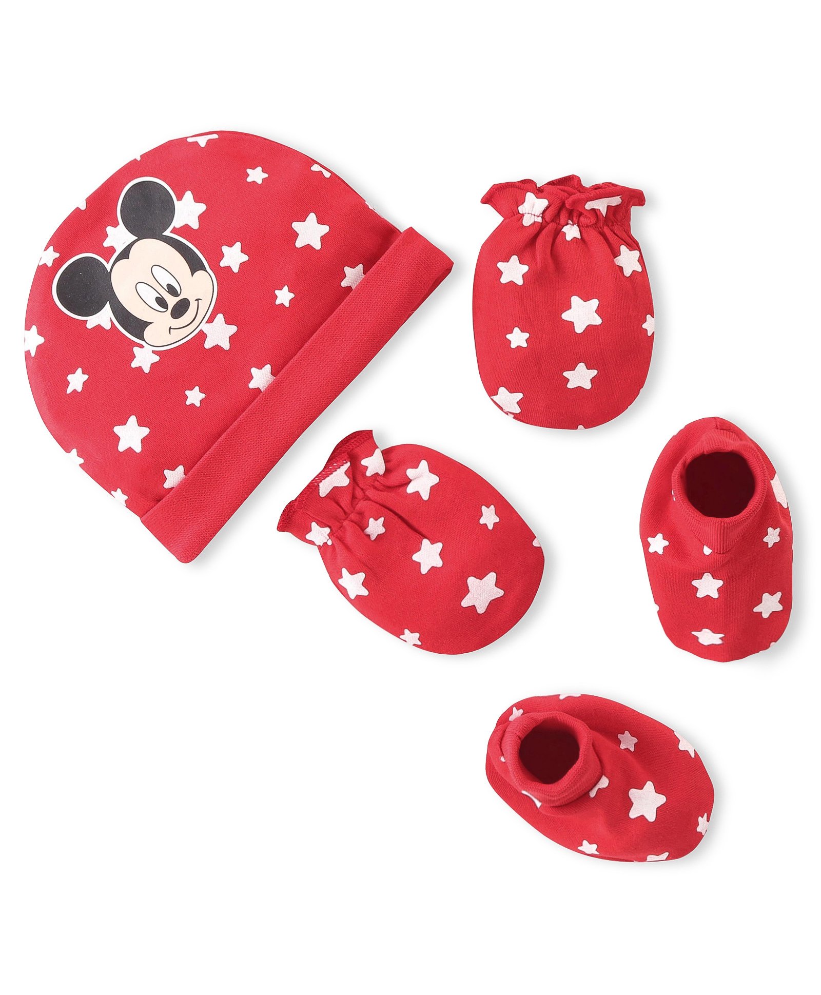 Babyhug Disney Cotton Knit Cap Mittens & Booties Set with Mickey Mouse Graphic - Red-picture-10