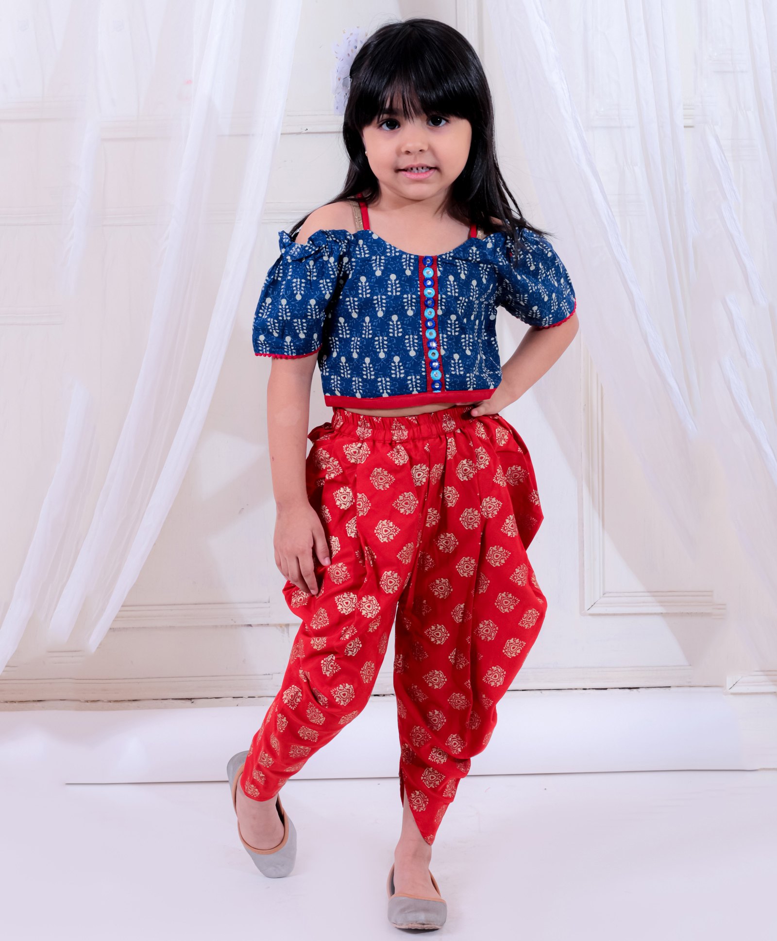 Twisha Cold Shoulder Abstract Printed Top & Foil Printed Dhoti PantSet - Navy & Red-image-1