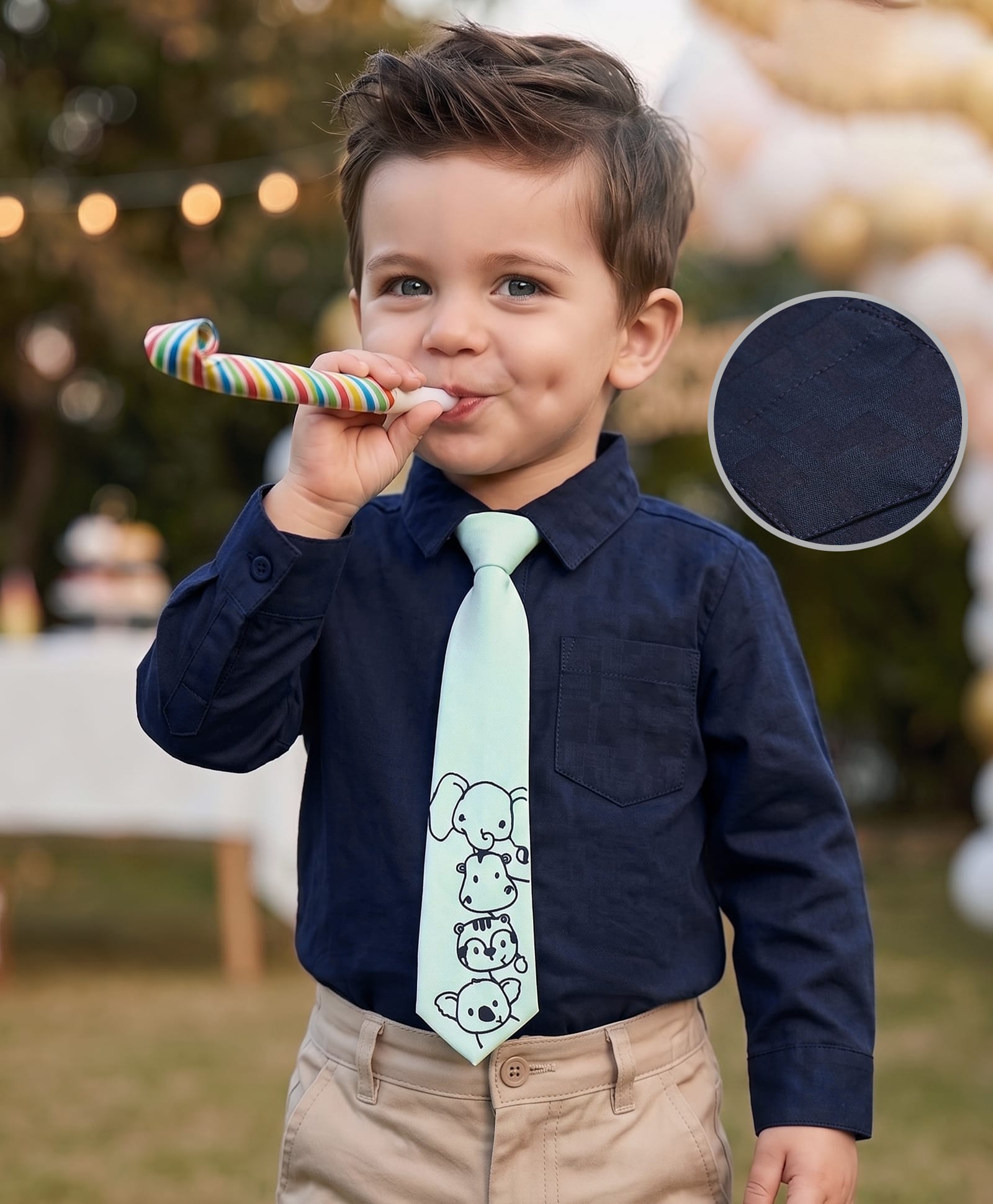 Babyoye  Cotton Spandex Woven Full Sleeves Solid Colour Party Shirt with Animal Printed Tie -  Blue-image-49