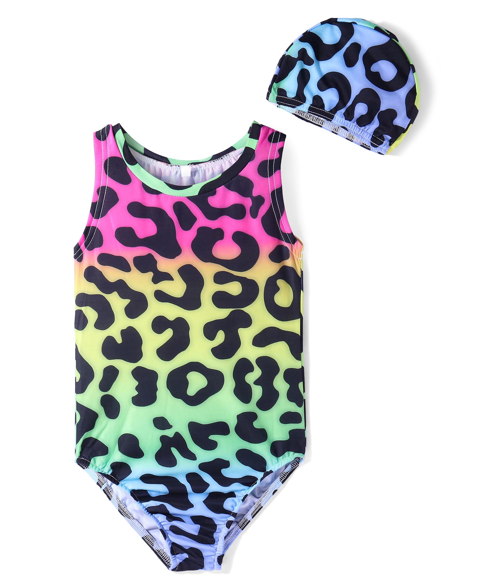 Kookie Kids  Sleeveless  V Cut Swimsuit with Cap & Cheetah  Print - Pink-picture-10