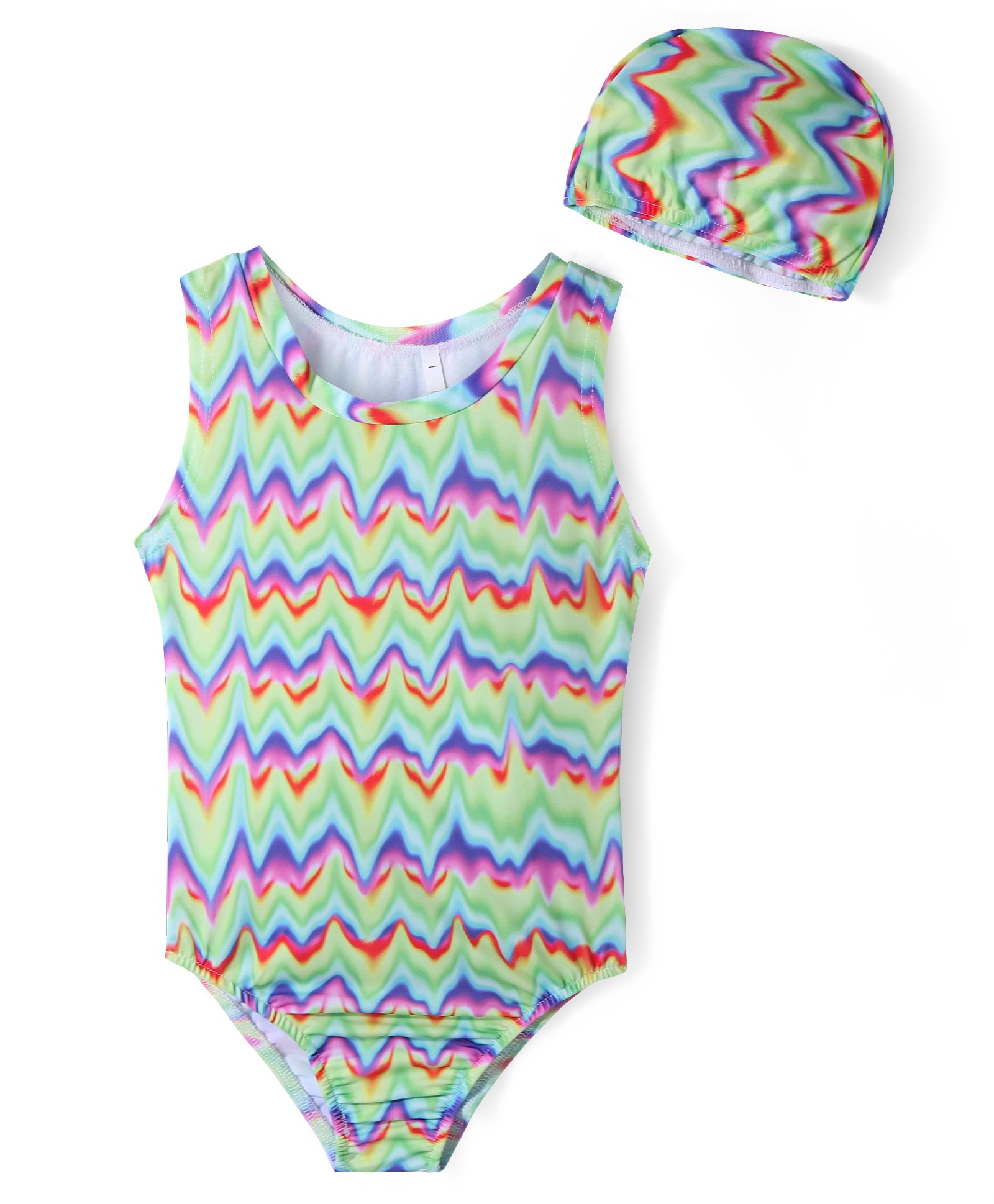 Kookie Kids Sleeveless V Cut Swimsuit with Chevron Print & Cap - Green-image-49