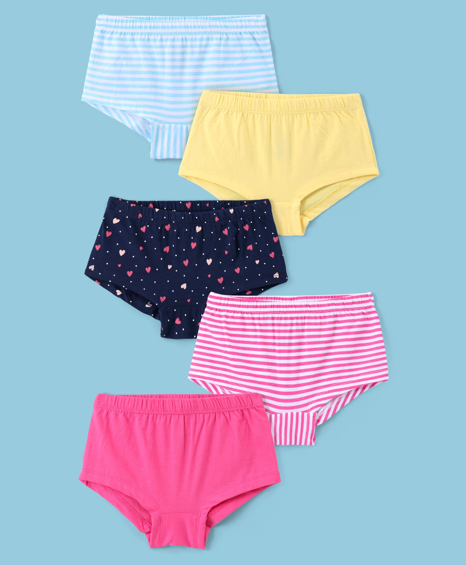 Honeyhap Premium Cotton Elastane Single Jersey Knit Hipster Panties with Stripes & Hearts Print Pack of 5 - Andango Pink Navy Peony & Popcorn & Bright White-image-18