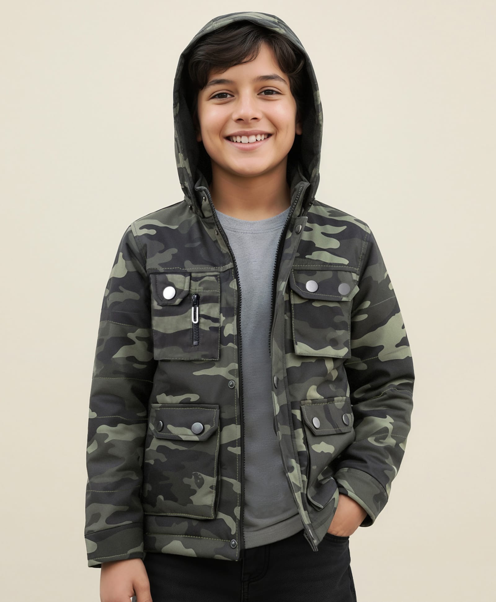 Pine Kids Woven Full Sleeves Hooded Front Open Sweatjacket with Camouflage Design - Olive Green-picture-28