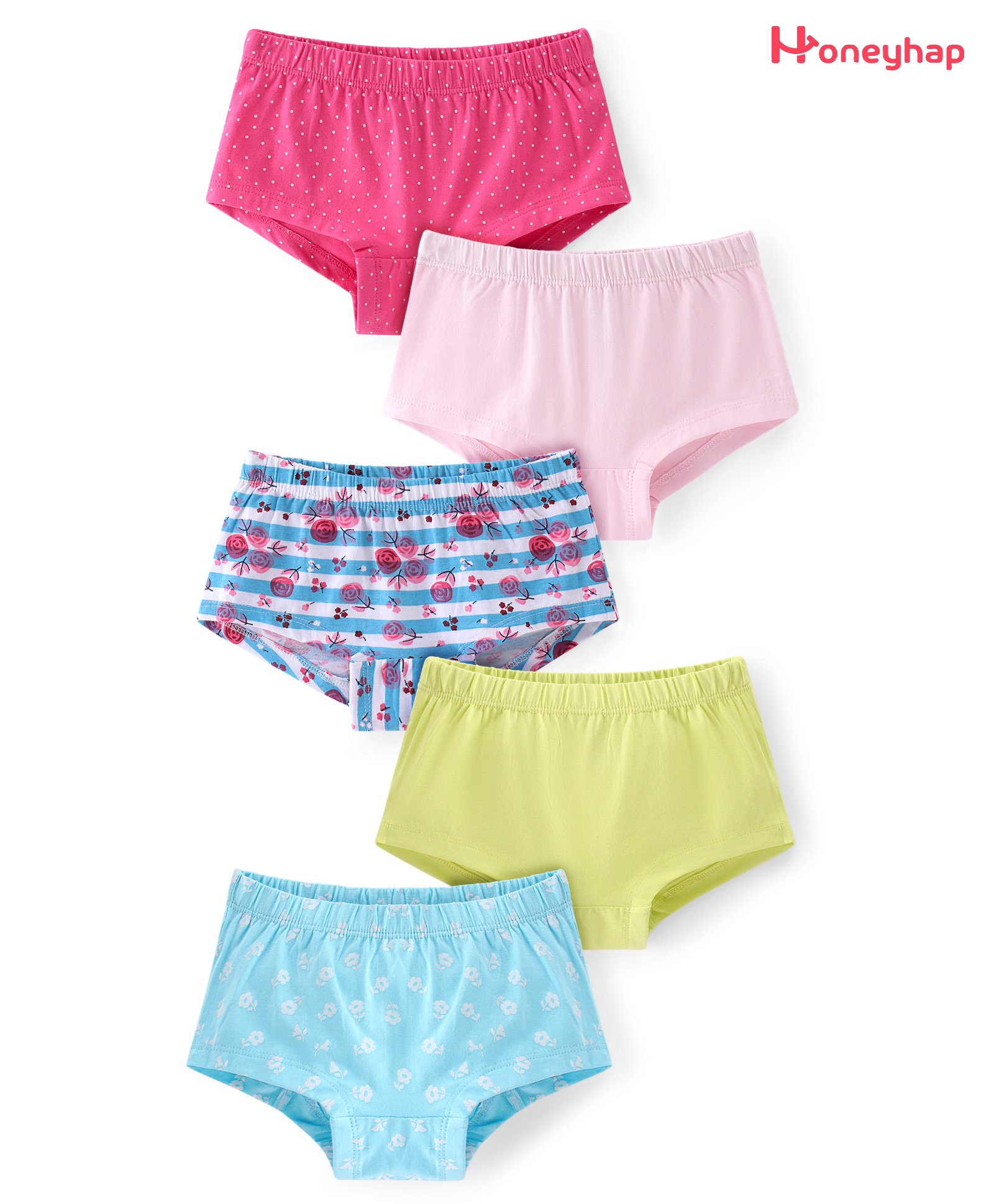 Honeyhap Premium Cotton Elastane Single Jersey with Bio Finish Hipsters Solid & Floral Print Pack of 5 - Pink Blue & Green-image-25