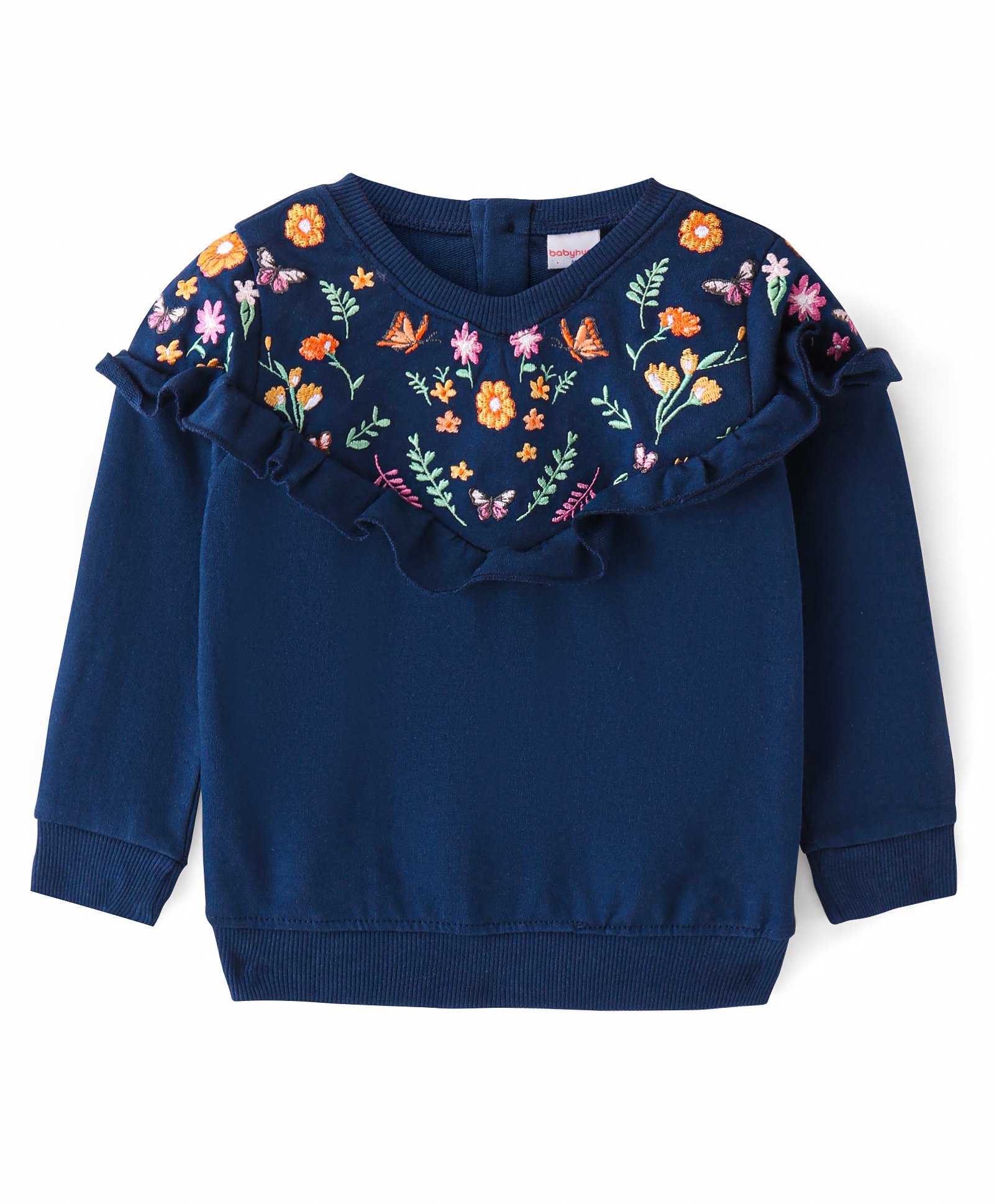 Babyhug Cotton Knit Full Sleeves Sweatshirt with Floral Embroidery & Frill Detailing - Navy Blue-image-48