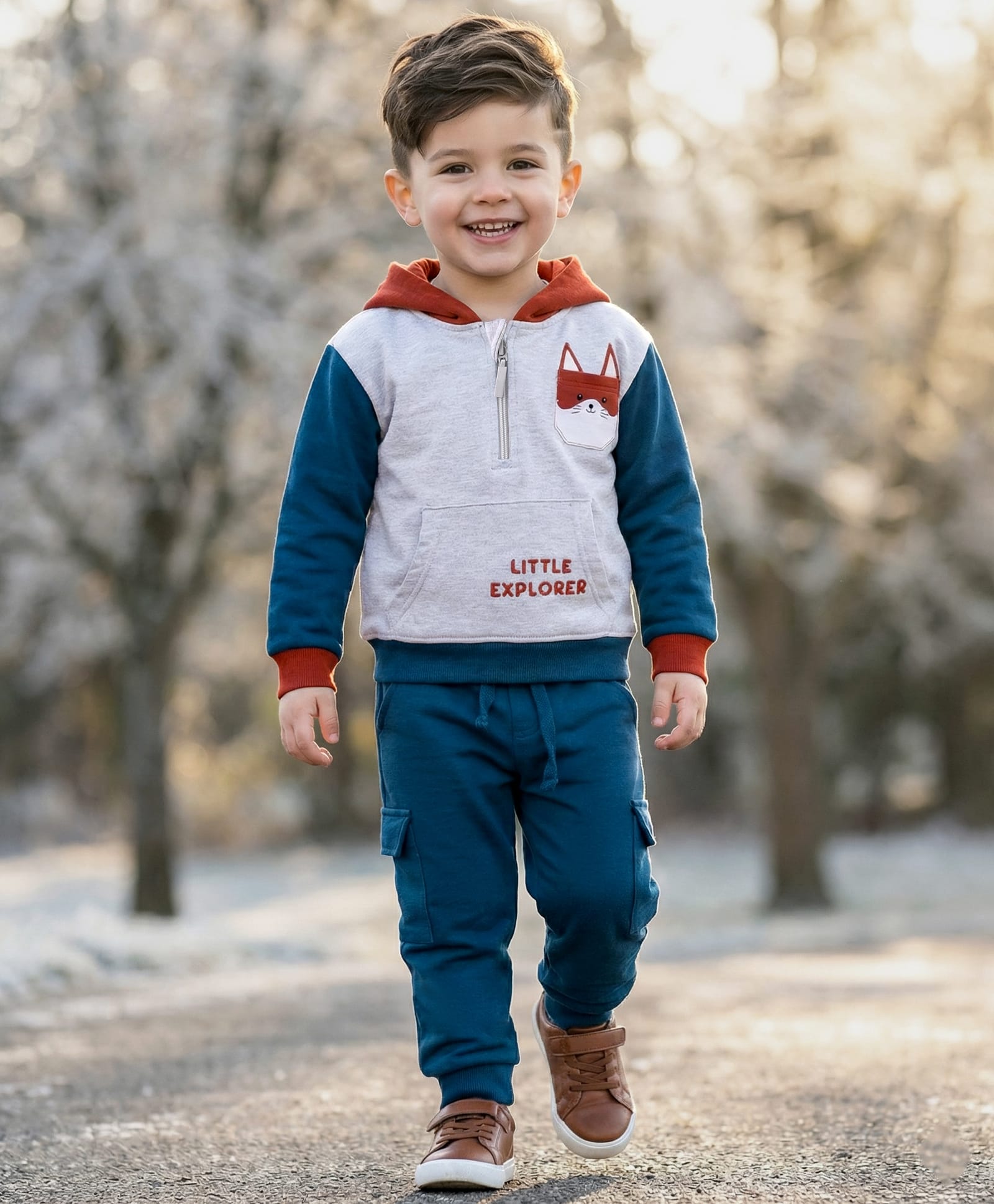 Babyhug Terry Knit Full Sleeves Hooded Front Zipper T-Shirt With Kangaroo Pockets & Kitten Applique & Lounge Pants Set - Grey & Blue-image-32