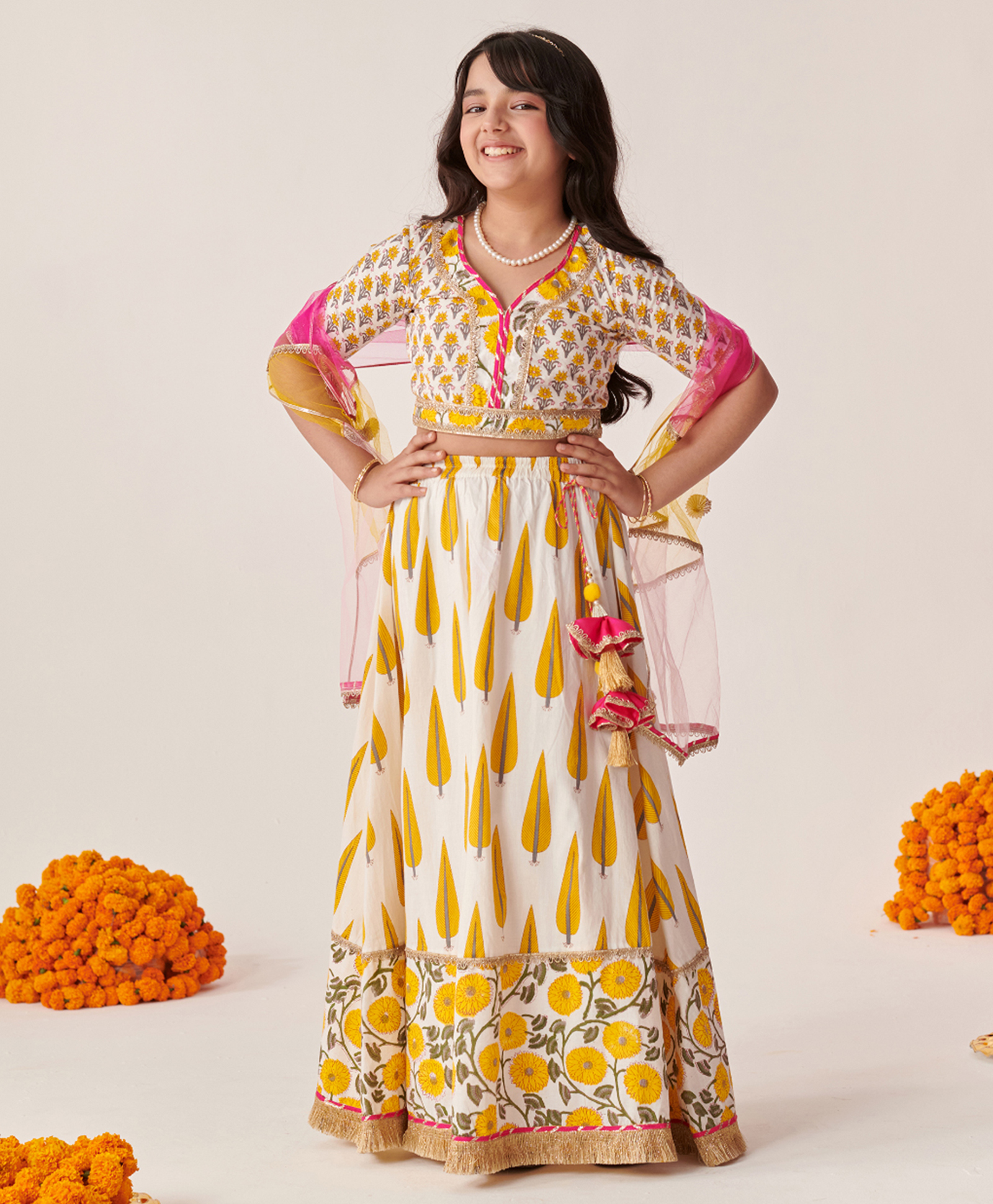 Pspeaches Cotton Half Sleeves Floral  Printed Lehenga Choli With Dupatta - Yellow-picture-10