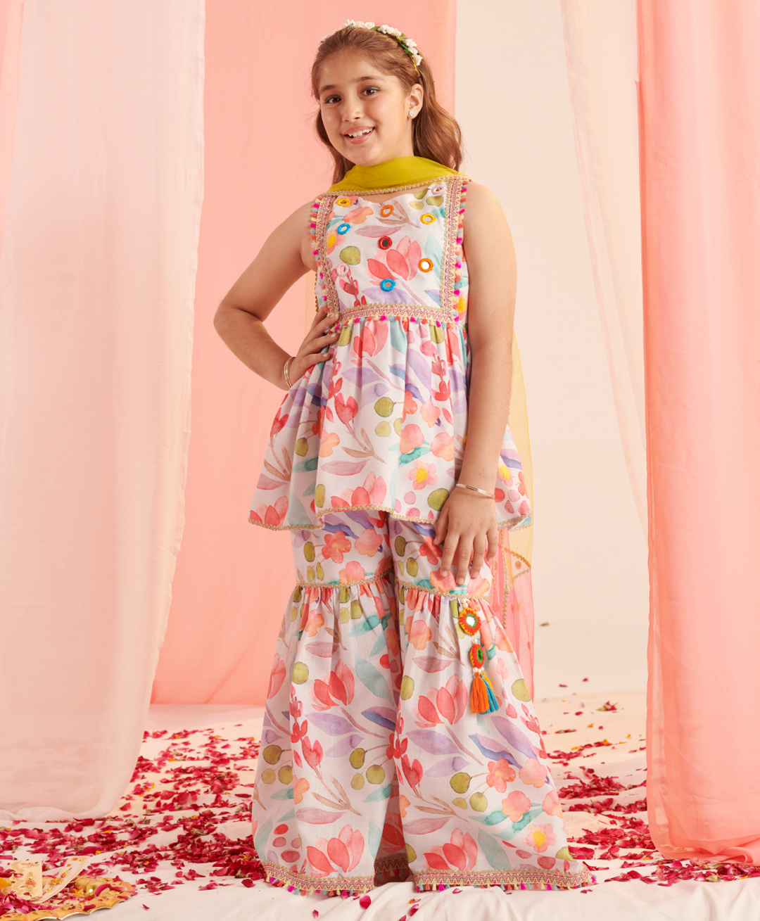 Pspeaches Cotton Sleeveless Floral Printed Regular Kurta With Sharara With Dupatta - Multi-image-16