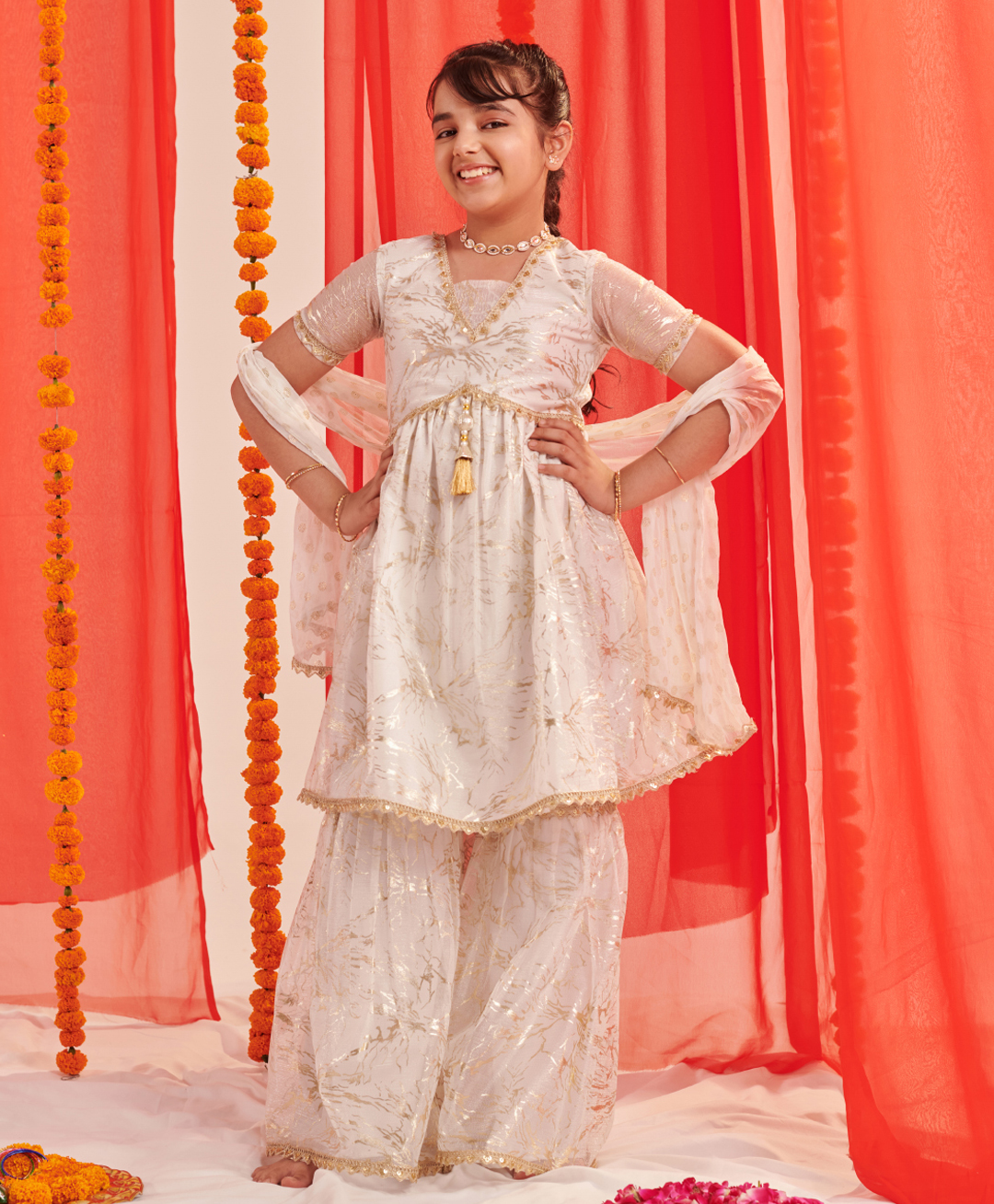 Pspeaches Silk Blend Half Sleeves  Floral Foil Printed  Kurta With Sharara & Dupatta - White-picture-22
